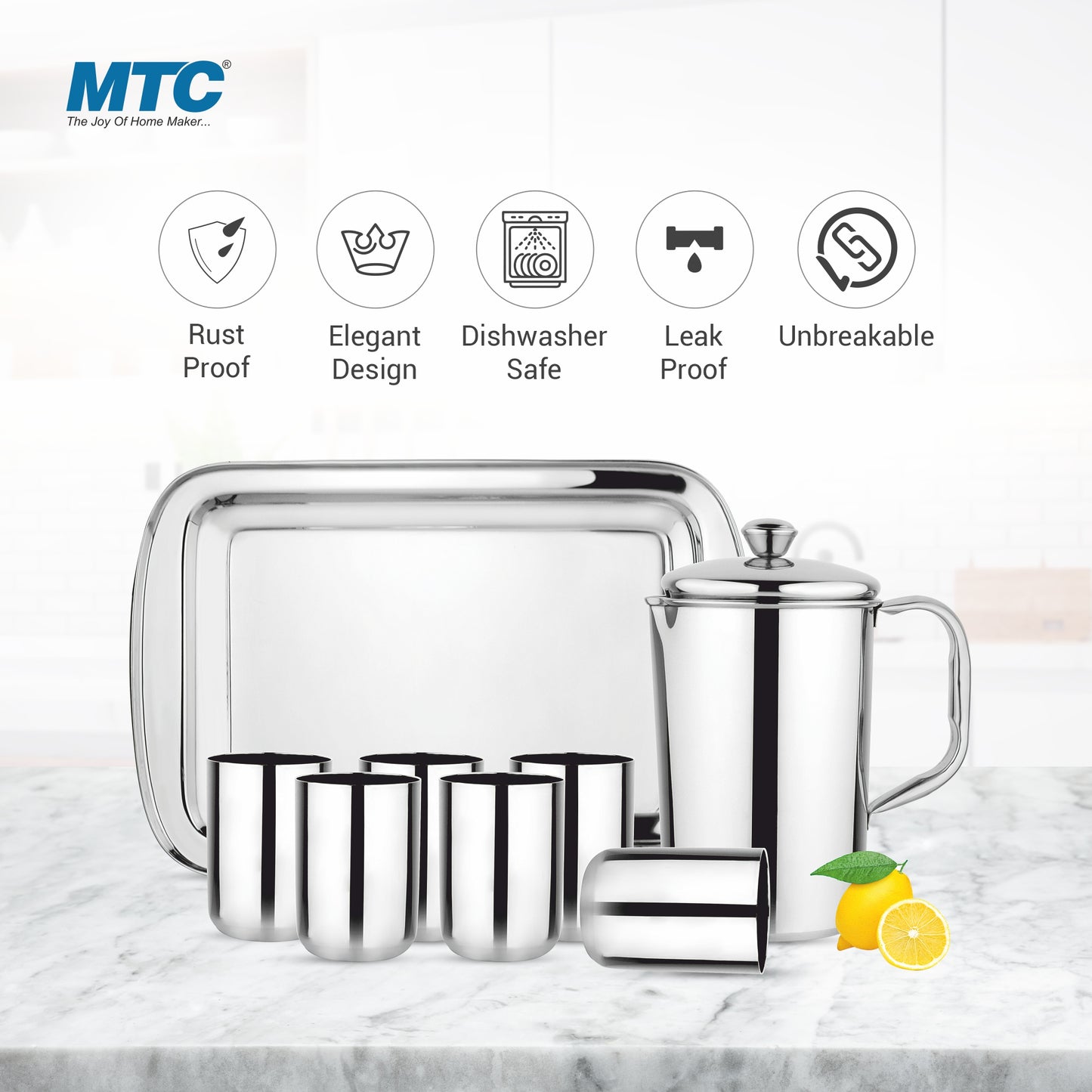 MTC DIAMOND LEMON SET ULTIMATE (8 PCS) Jug Glass Tray Set (Stainless Steel)