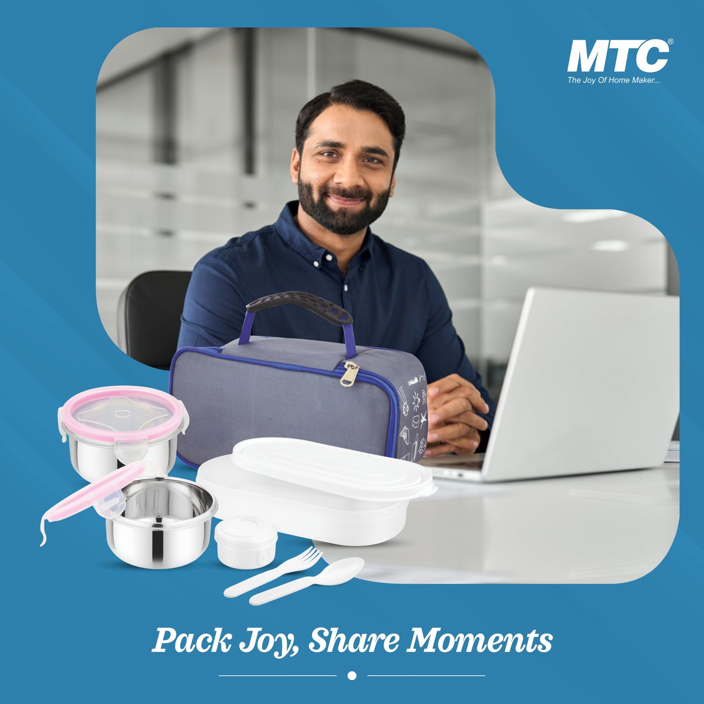 Hungroo Premium Lunch Box 2 Round Containers 250 ml Each, 1 Oval Plastic Container 450 ml with Insulated Bag | Inner Steel Containers with Bpa Free Lids, Easy to Carry | Leak Proof | Blue