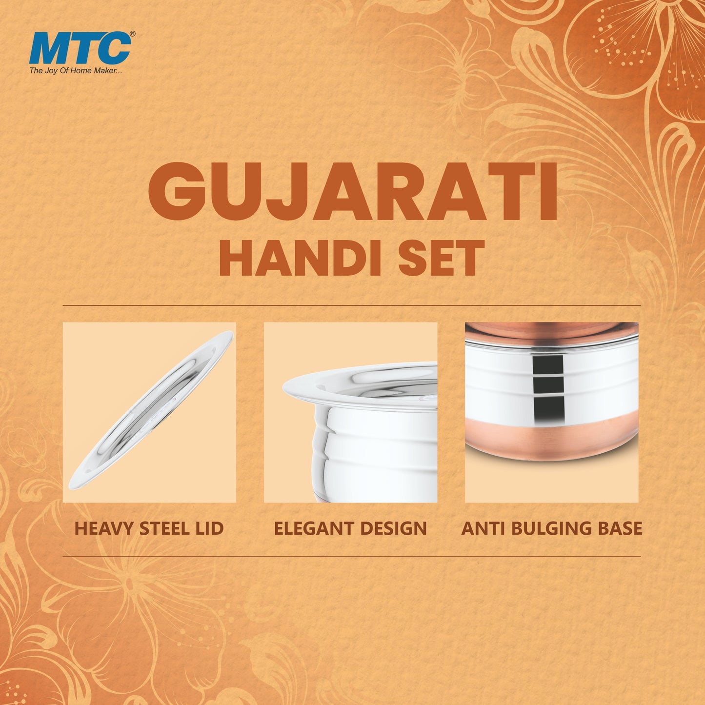 Stainless Steel Gujarati Handi Set with Copper Bottom - 3-Piece