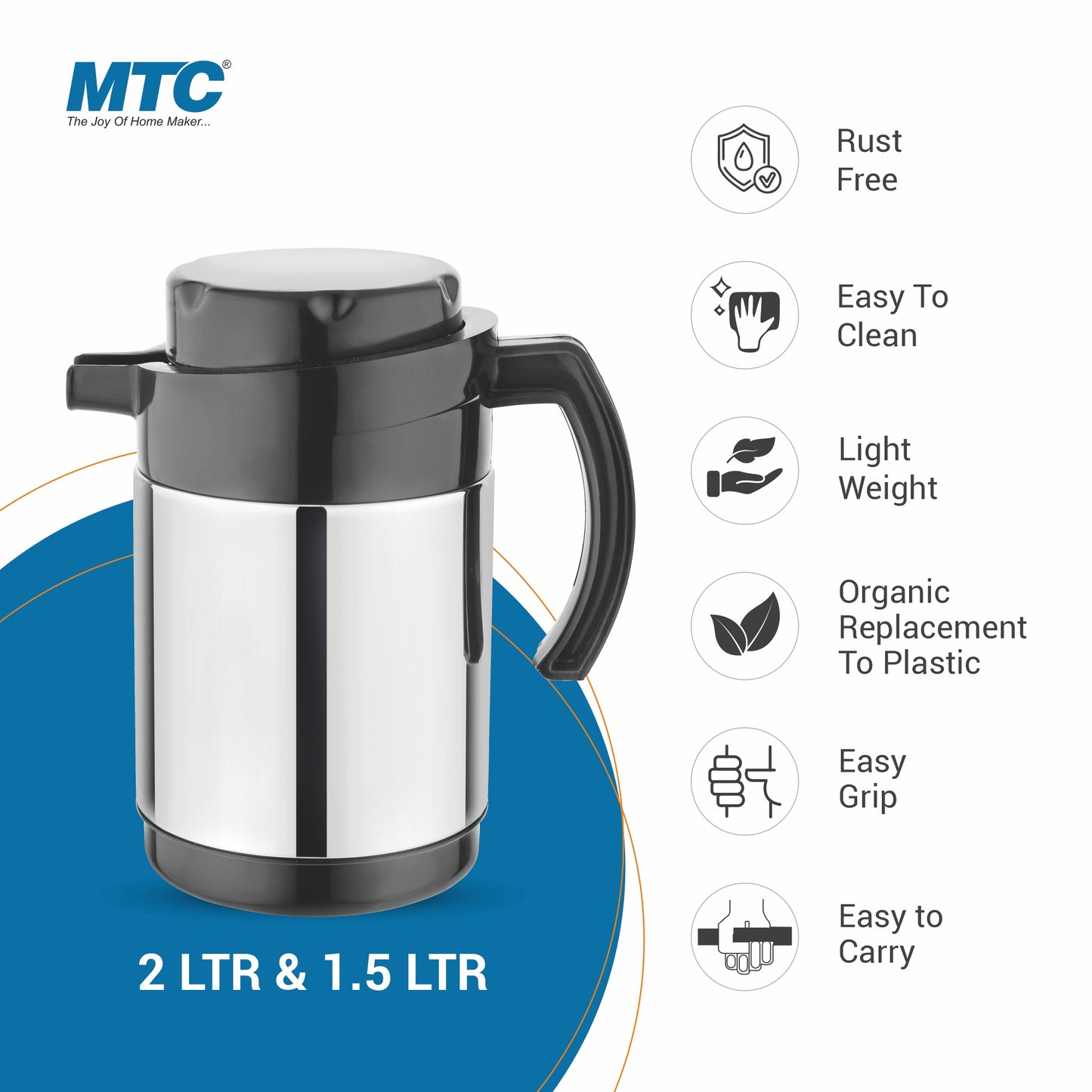 MTC Alora Stainless Steel Thermal Kettle |1000Ml,Silver | Double Walled Puff Insualted with Lid - Coffee/Tea kettle Heat & Cold Retention