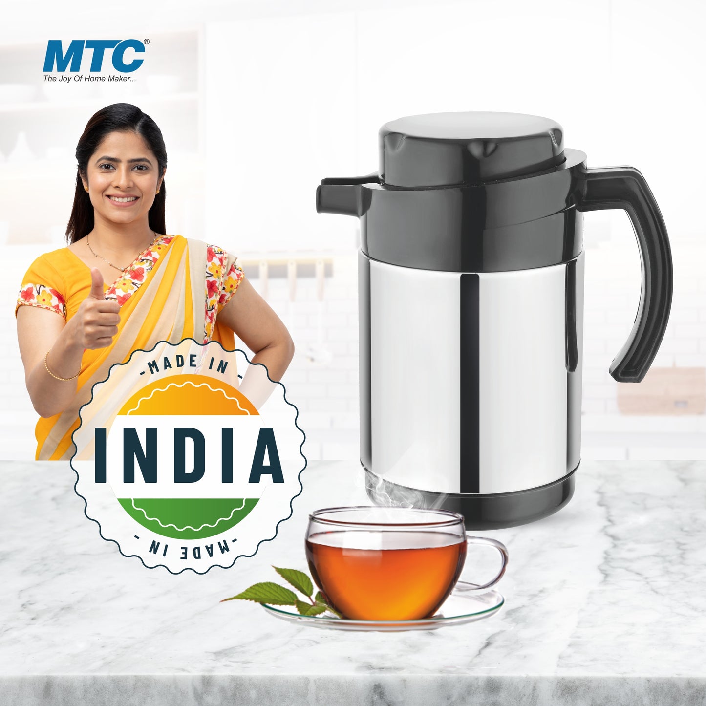 MTC Alora Stainless Steel Thermal Kettle |1000Ml,Silver | Double Walled Puff Insualted with Lid - Coffee/Tea kettle Heat & Cold Retention