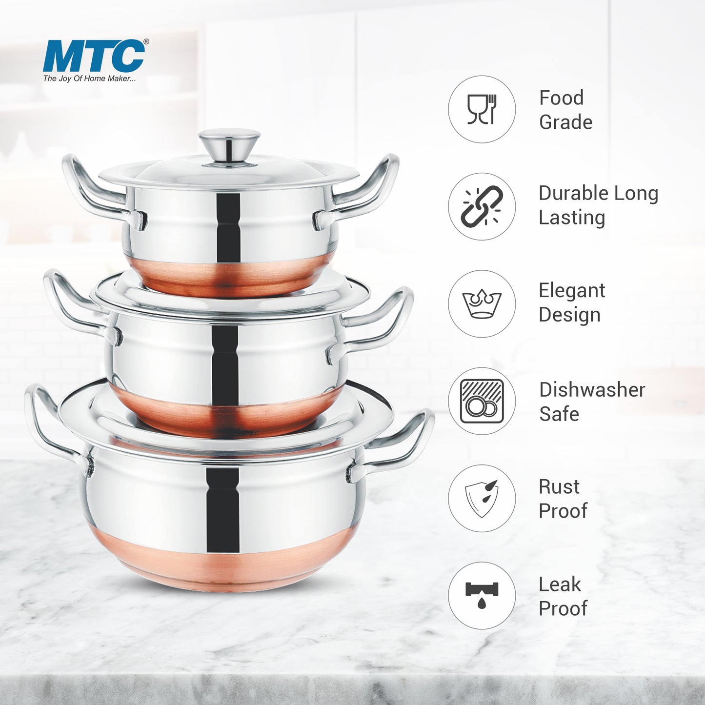 Stainless Steel Handi Copper Bottom 3 Pcs Set