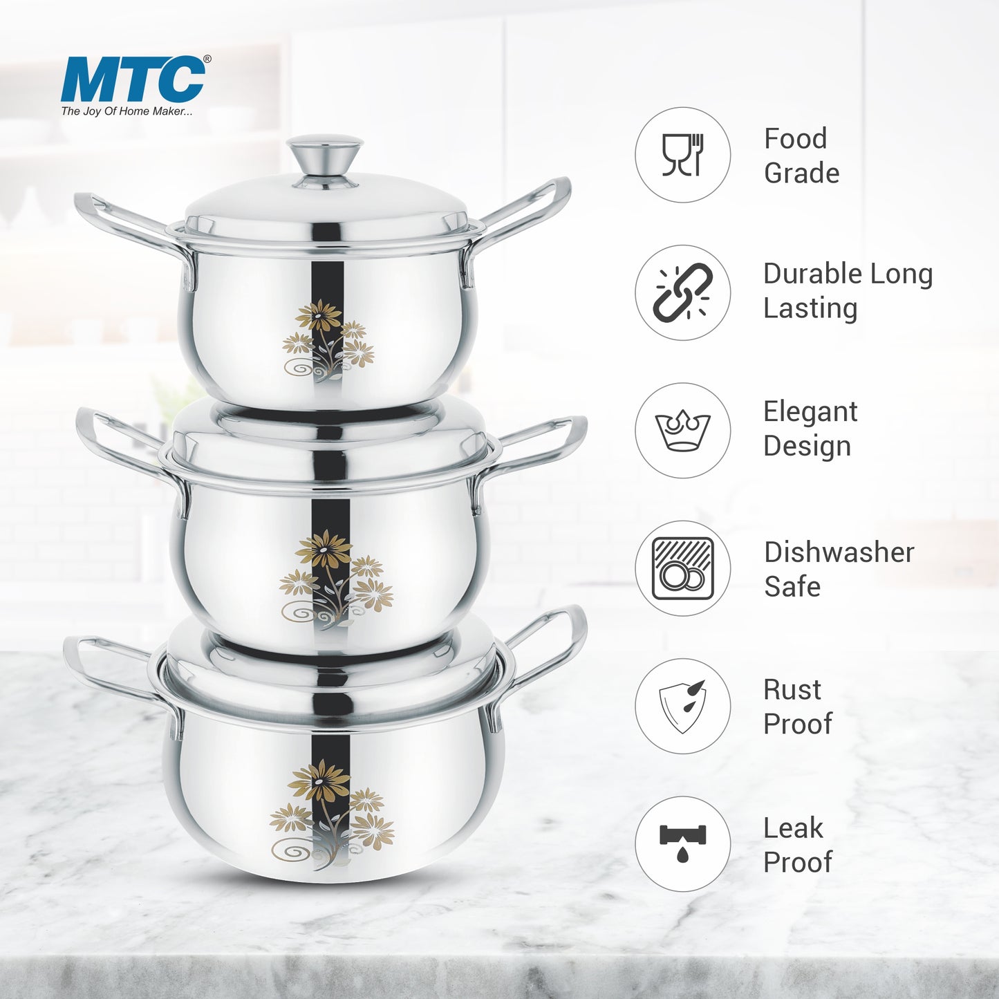 Stainless Steel Handi Flower engraved 3 Pcs Set