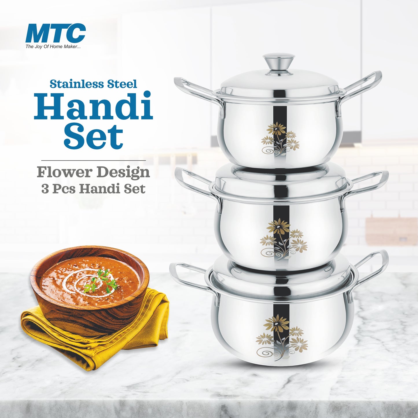 Stainless Steel Handi Flower engraved 3 Pcs Set