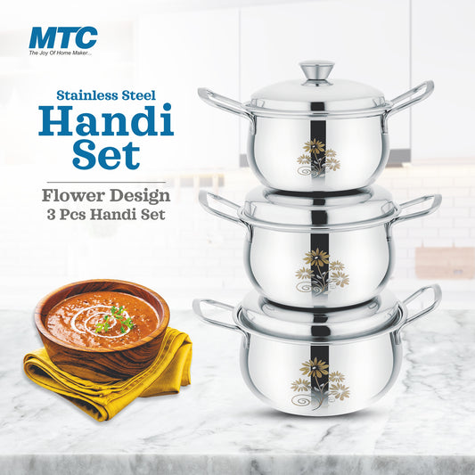 Stainless Steel Handi Flower engraved 3 Pcs Set