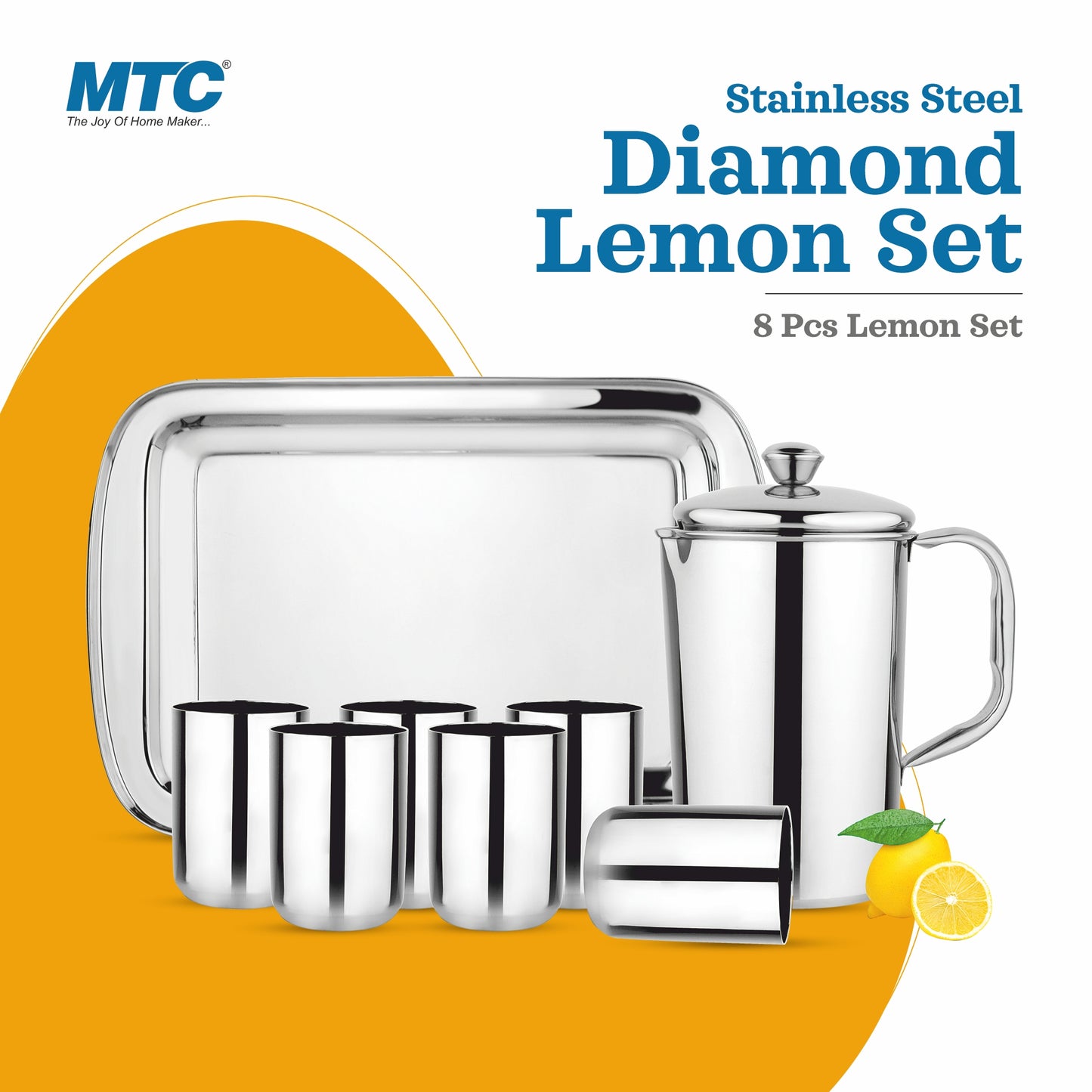 MTC DIAMOND LEMON SET ULTIMATE (8 PCS) Jug Glass Tray Set  (Stainless Steel)