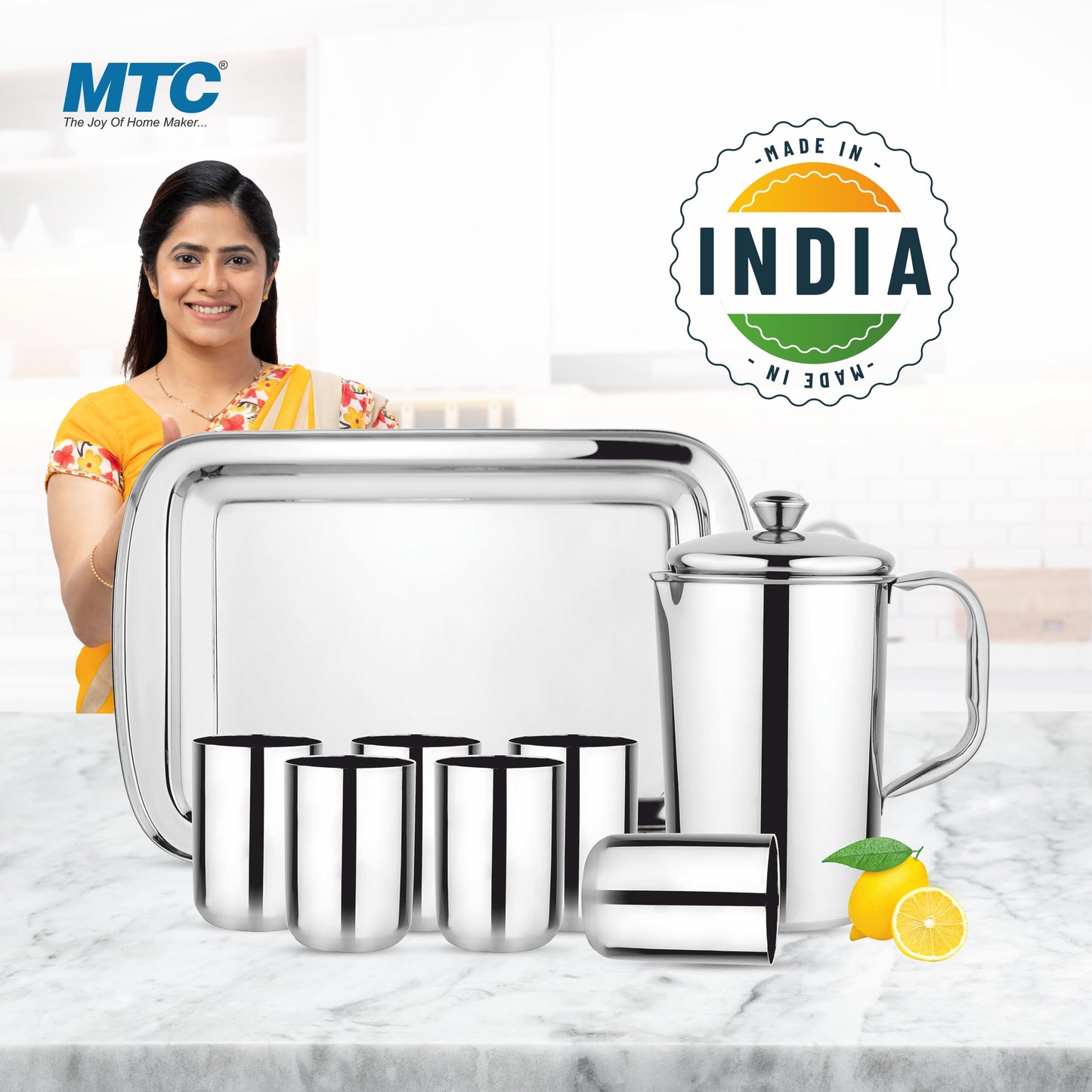 MTC DIAMOND LEMON SET ULTIMATE (8 PCS) Jug Glass Tray Set  (Stainless Steel)