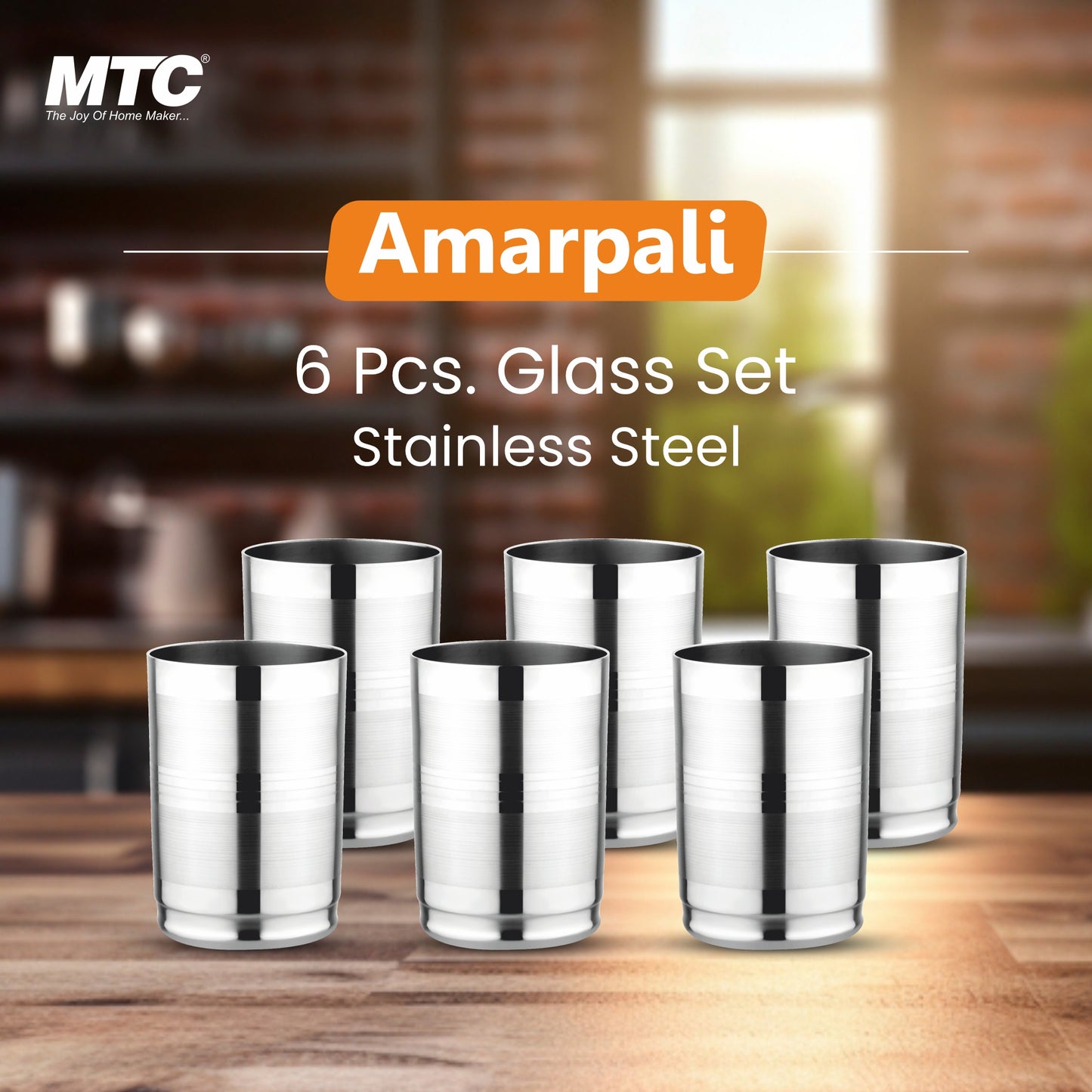 Amarpali Stainless Steel Glass Set of 6 | Mirror Polish | Ideal for Serving Water, Juice, Cold Drinks & Lemonade