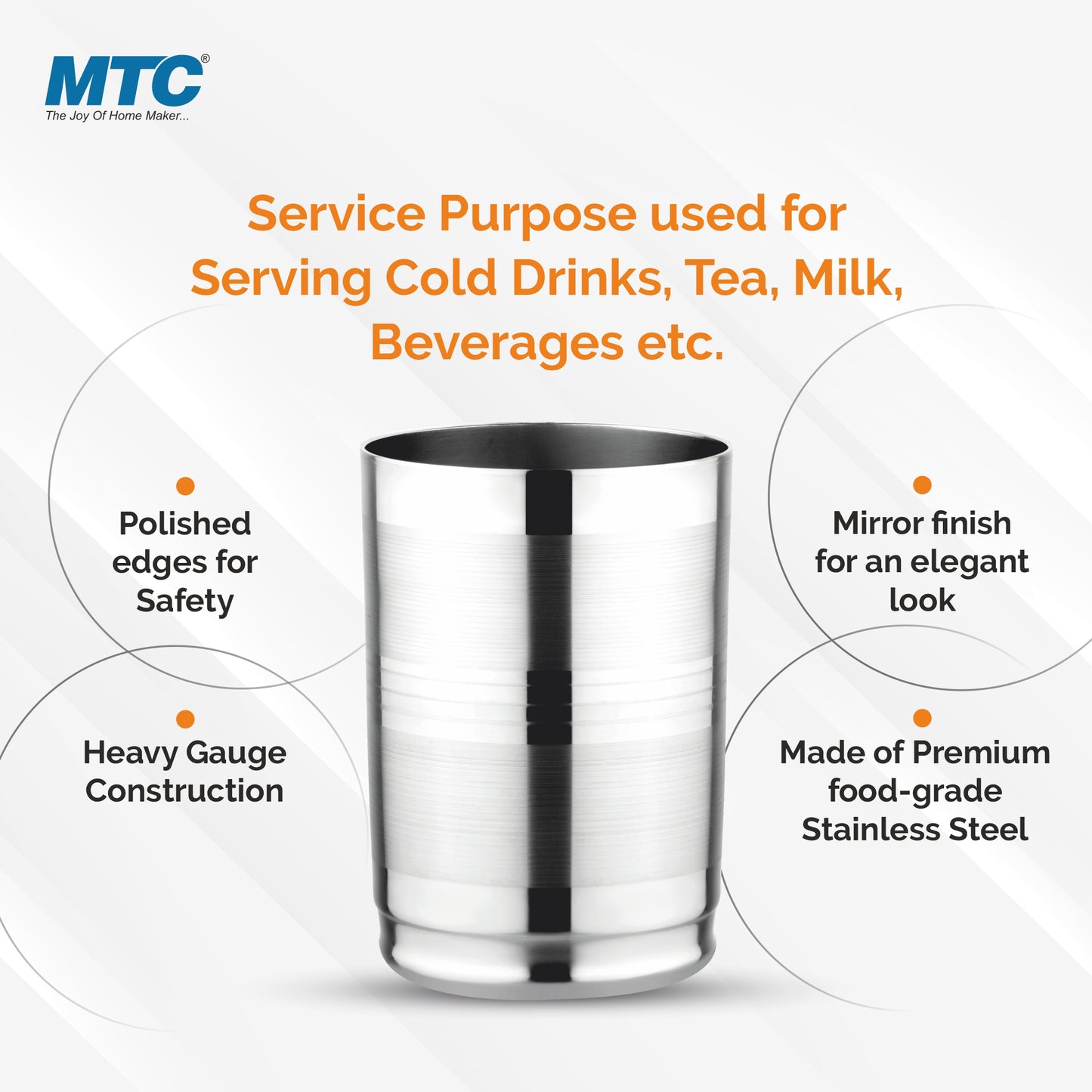 Amarpali Stainless Steel Glass Set of 6 | Mirror Polish | Ideal for Serving Water, Juice, Cold Drinks & Lemonade