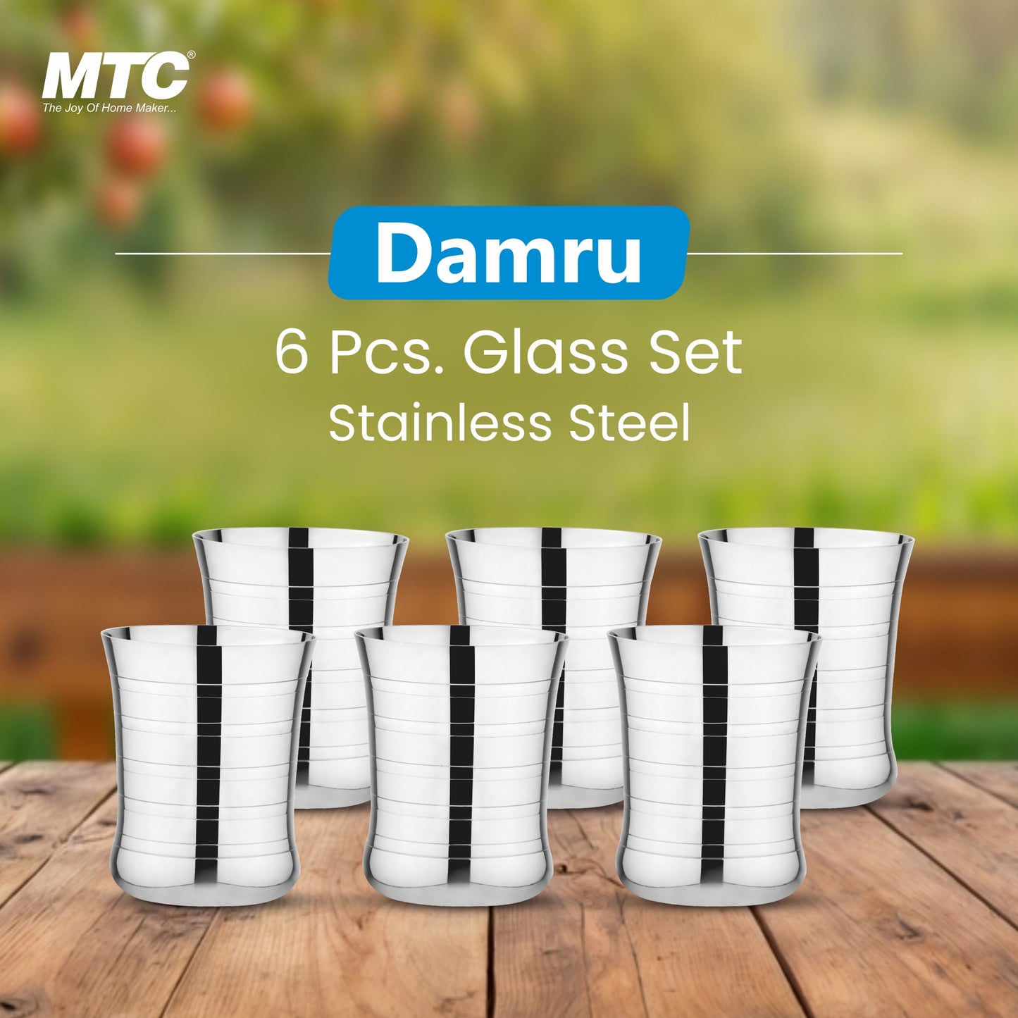 Damru Stainless Steel Glass Set of 6 | Mirror Polish | Ideal for Serving Water, Juice, Cold Drinks & Lemonade