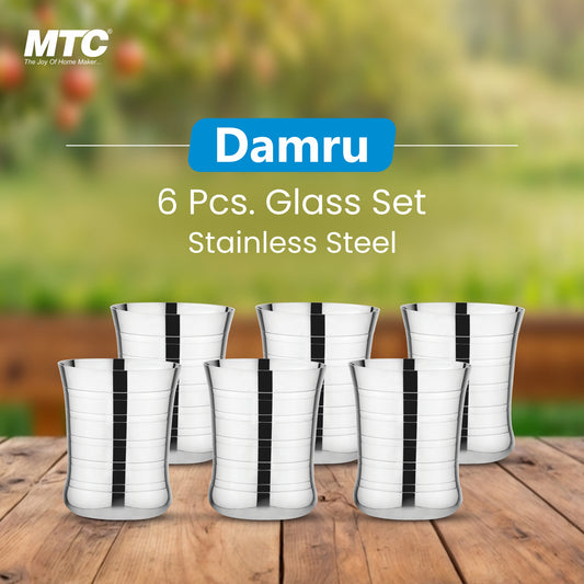 Damru Stainless Steel Glass Set of 6 | Mirror Polish | Ideal for Serving Water, Juice, Cold Drinks & Lemonade