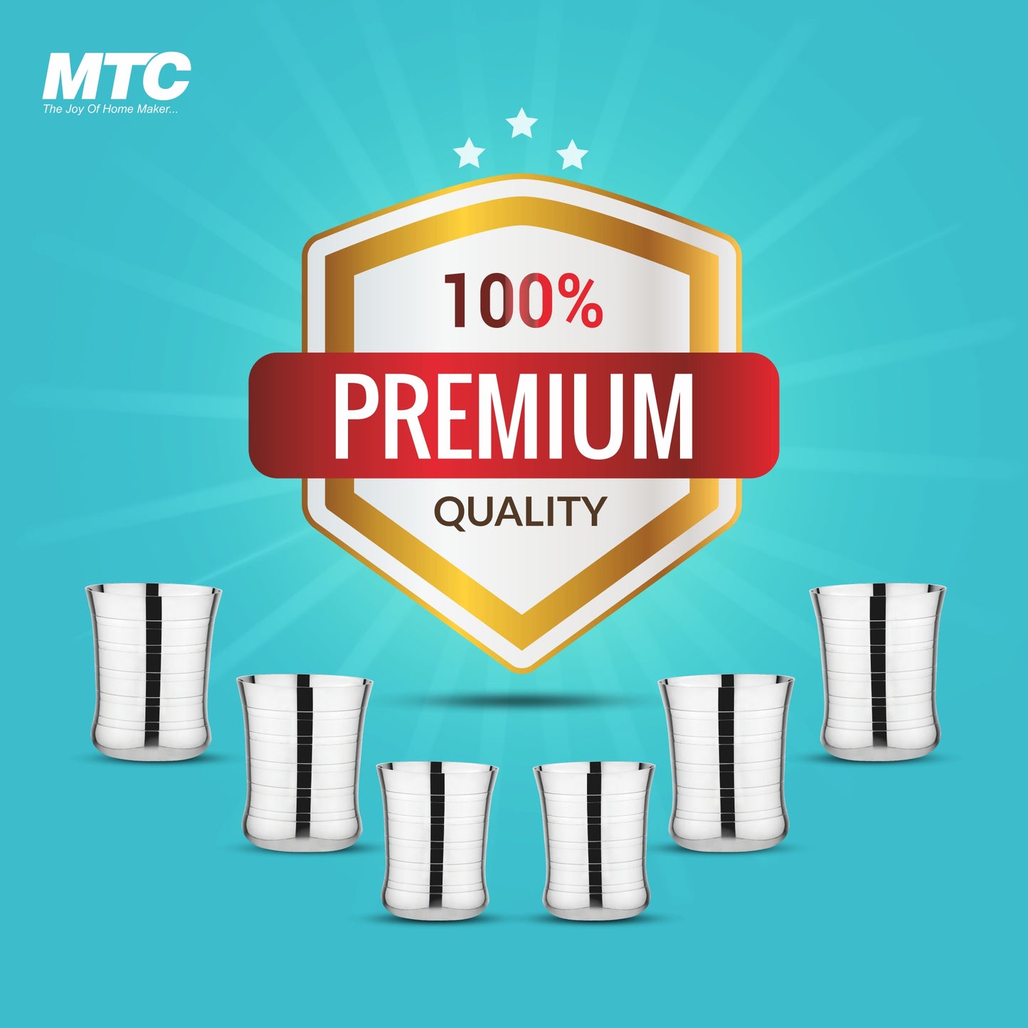 Damru Stainless Steel Glass Set of 6 | Mirror Polish | Ideal for Serving Water, Juice, Cold Drinks & Lemonade