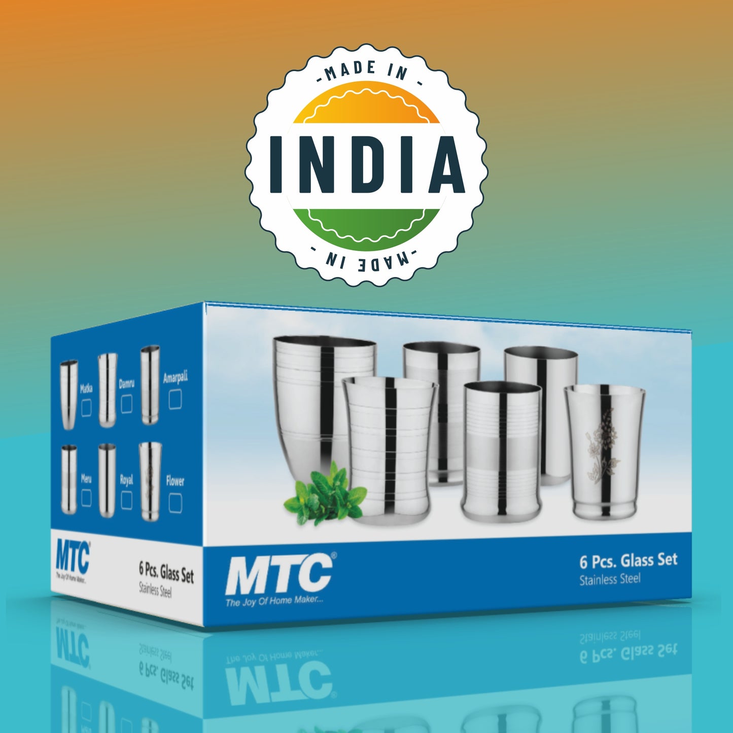 Damru Stainless Steel Glass Set of 6 | Mirror Polish | Ideal for Serving Water, Juice, Cold Drinks & Lemonade