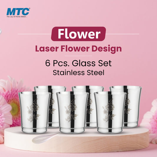 Flower Stainless Steel Glass Set of 6 | Mirror Polish | Ideal for Serving Water, Juice, Cold Drinks & Lemonade