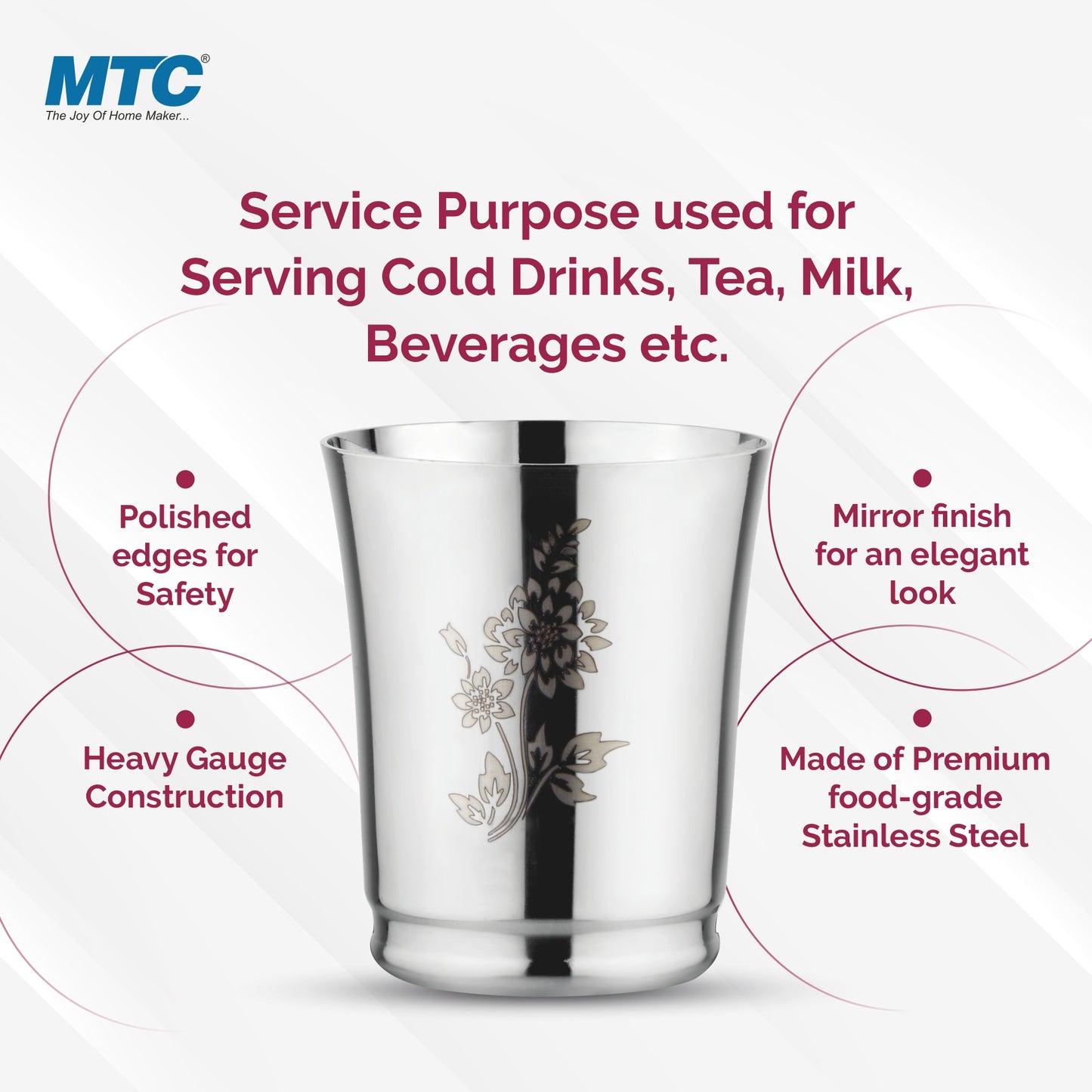 Flower Stainless Steel Glass Set of 6 | Mirror Polish | Ideal for Serving Water, Juice, Cold Drinks & Lemonade