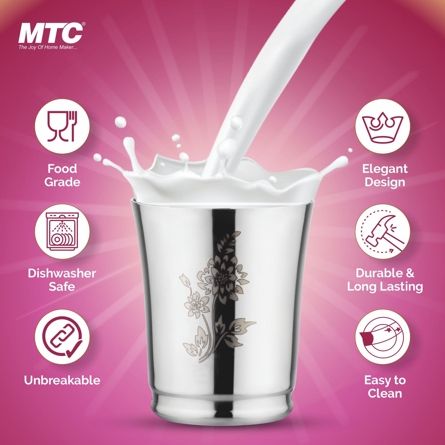 Flower Stainless Steel Glass Set of 6 | Mirror Polish | Ideal for Serving Water, Juice, Cold Drinks & Lemonade