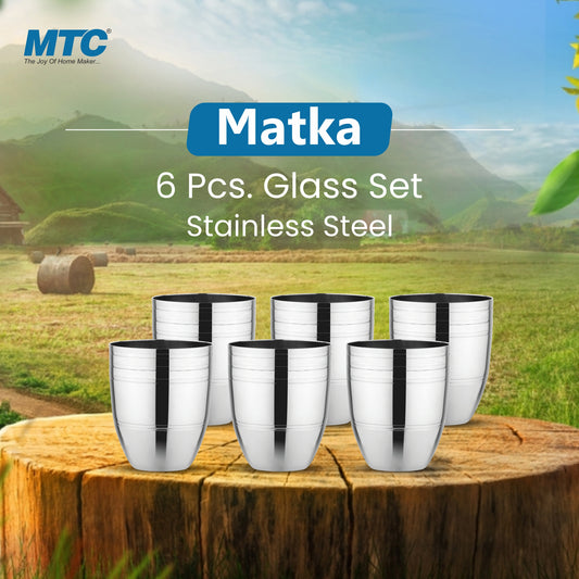Matka Stainless Steel Glass Set of 6 | Mirror Polish | Ideal for Serving Water, Juice, Cold Drinks & Lemonade