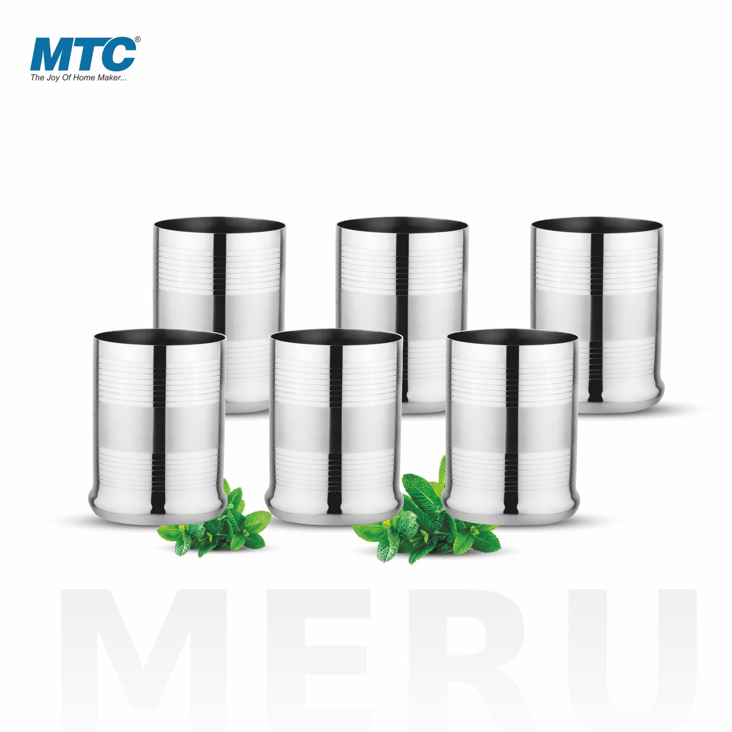 Meru Stainless Steel Glass Set of 6 | Mirror Polish | Ideal for Serving Water, Juice, Cold Drinks & Lemonade