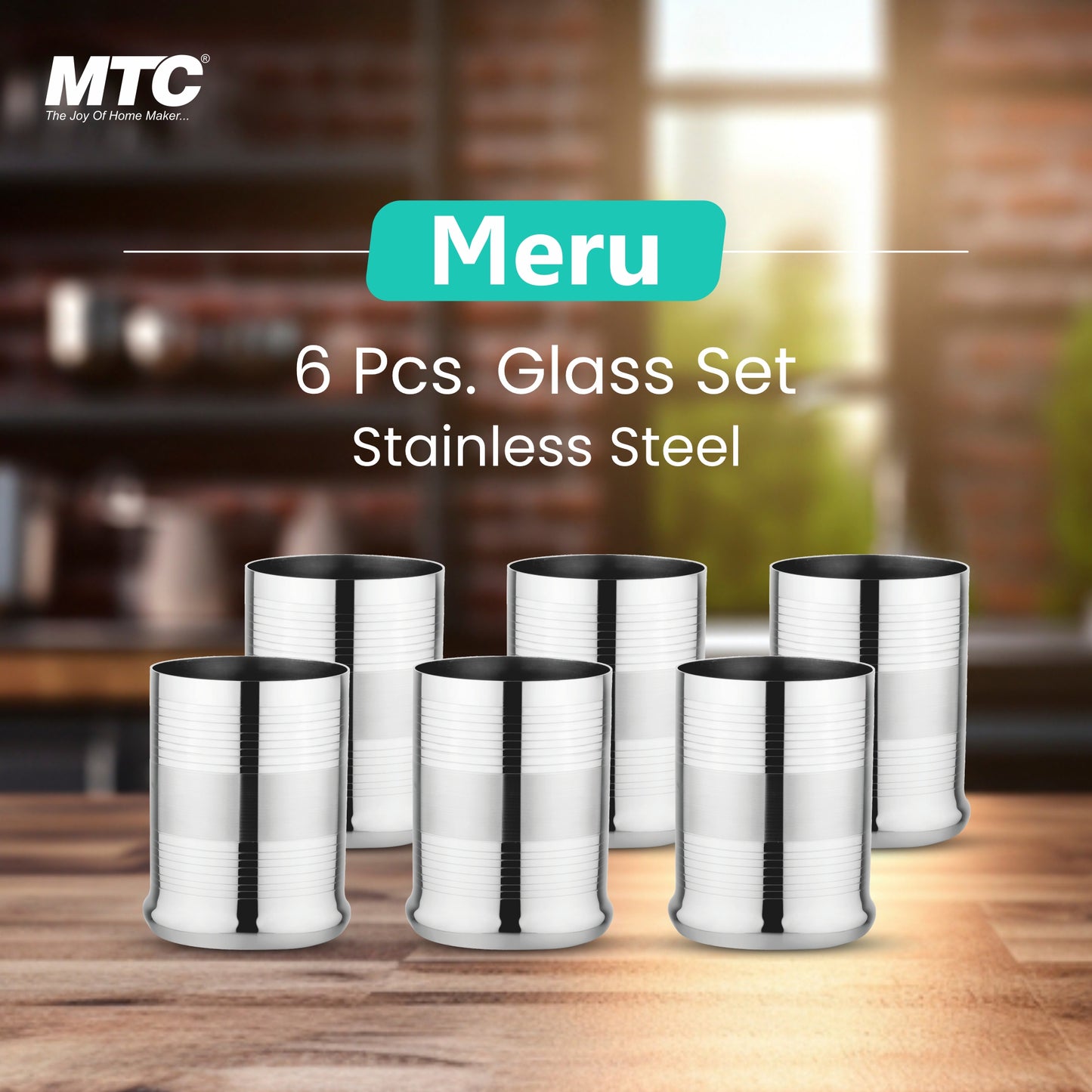 Meru Stainless Steel Glass Set of 6 | Mirror Polish | Ideal for Serving Water, Juice, Cold Drinks & Lemonade