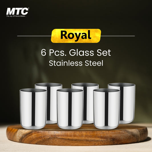 Royal Stainless Steel Glass Set of 6 | Mirror Polish | Ideal for Serving Water, Juice, Cold Drinks & Lemonade