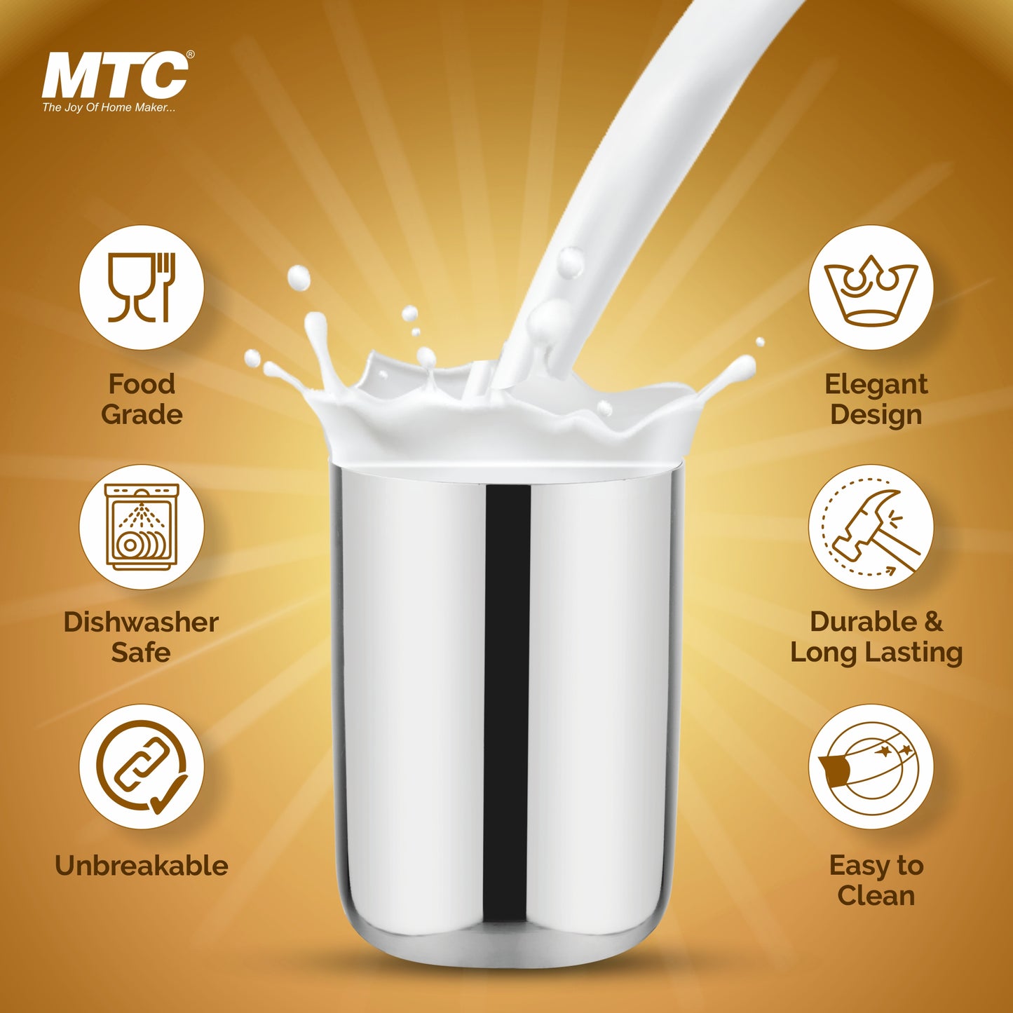 Royal Stainless Steel Glass Set of 6 | Mirror Polish | Ideal for Serving Water, Juice, Cold Drinks & Lemonade