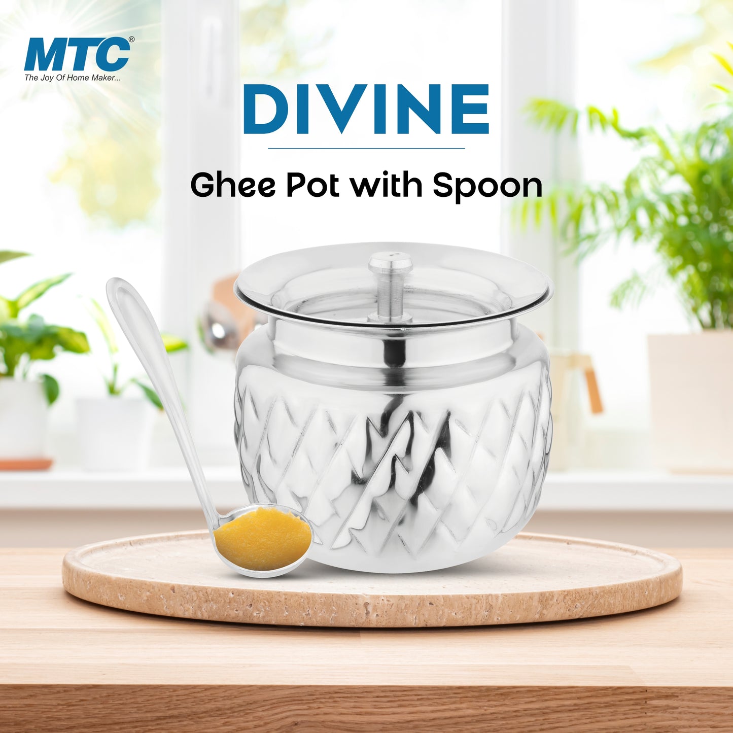 Divine Stainless Steel Oil and Ghee Container With Spoon for Kitchen | Multipurpose Oil Container