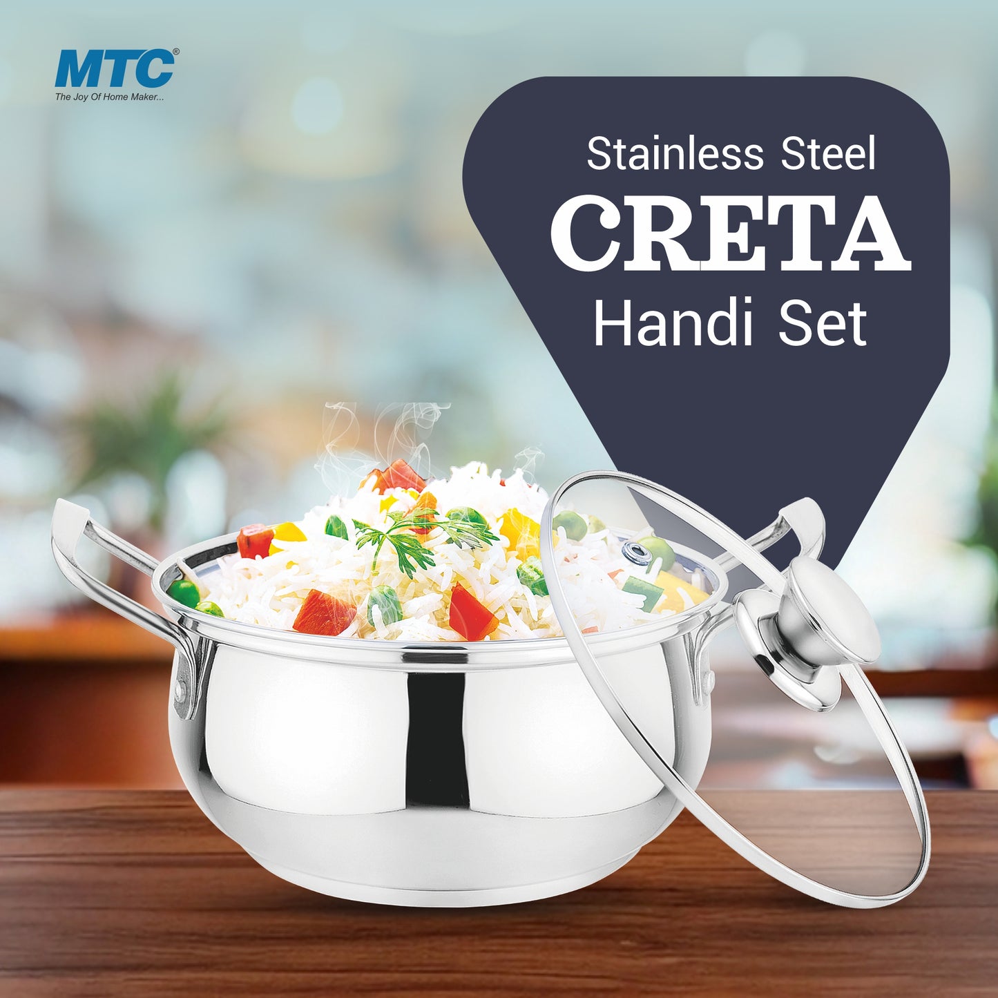 Creta Stainless Steel Handi with Glass Lid | Unique tri-ply Bottom|Oven (OTG Safe) | 5 Years Warranty
