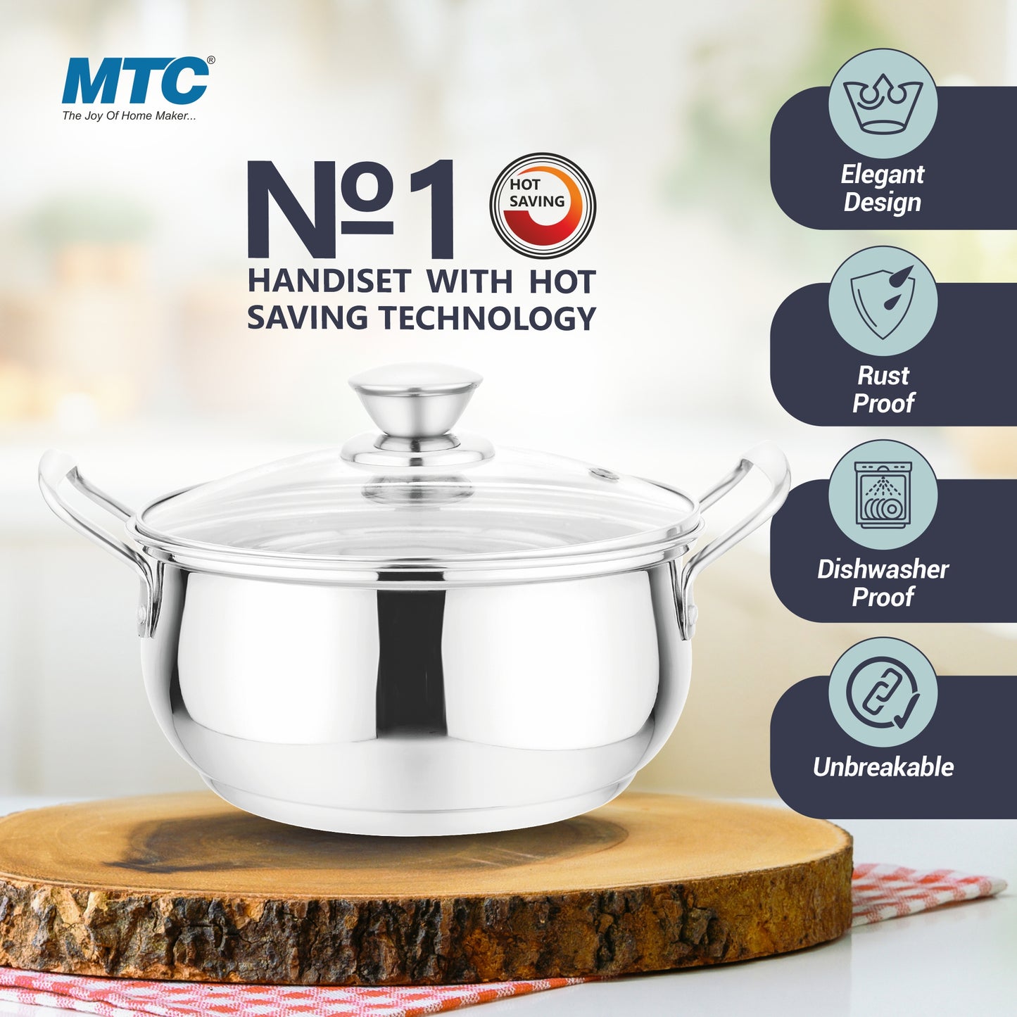 Creta Stainless Steel Handi with Glass Lid | Unique tri-ply Bottom|Oven (OTG Safe) | 5 Years Warranty