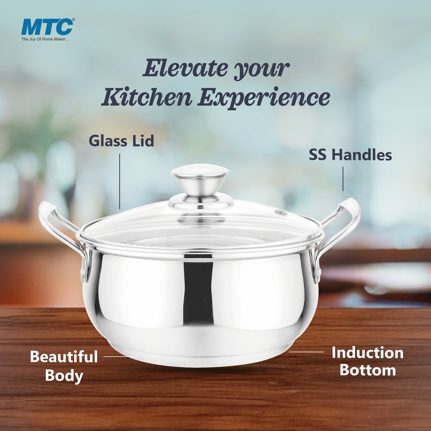 Creta Stainless Steel Handi with Glass Lid | Unique tri-ply Bottom|Oven (OTG Safe) | 5 Years Warranty