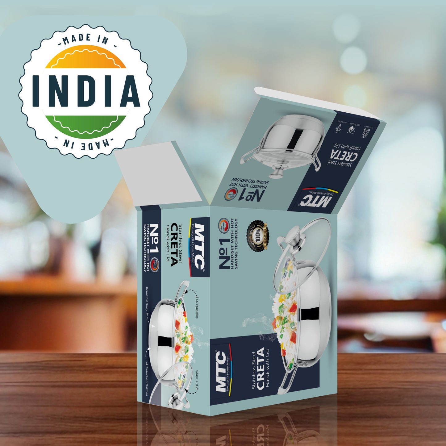 Creta Stainless Steel Handi with Glass Lid | Unique tri-ply Bottom|Oven (OTG Safe) | 5 Years Warranty