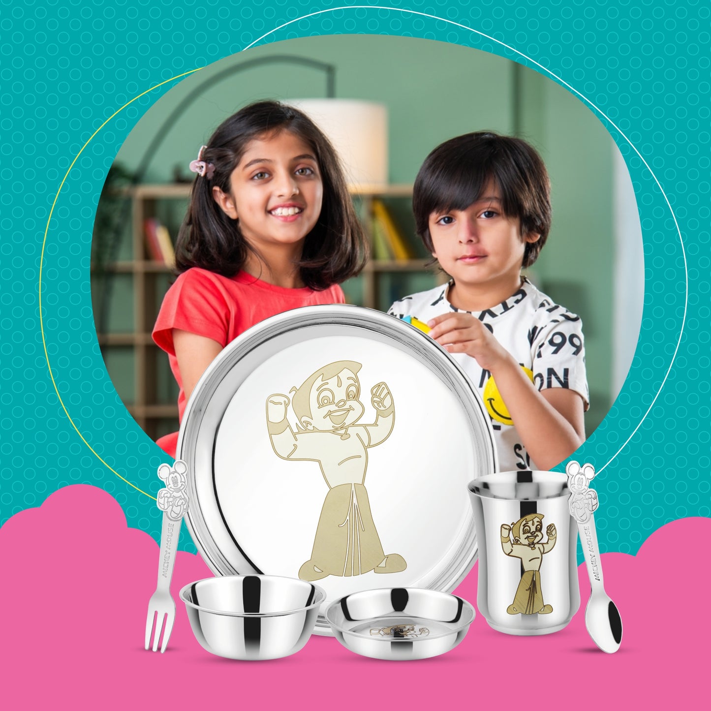 Stainless Steel Round Lunch & Dinner Set for Kids Boys and Girls, Thali Set, Pack of 6 (Silver)
