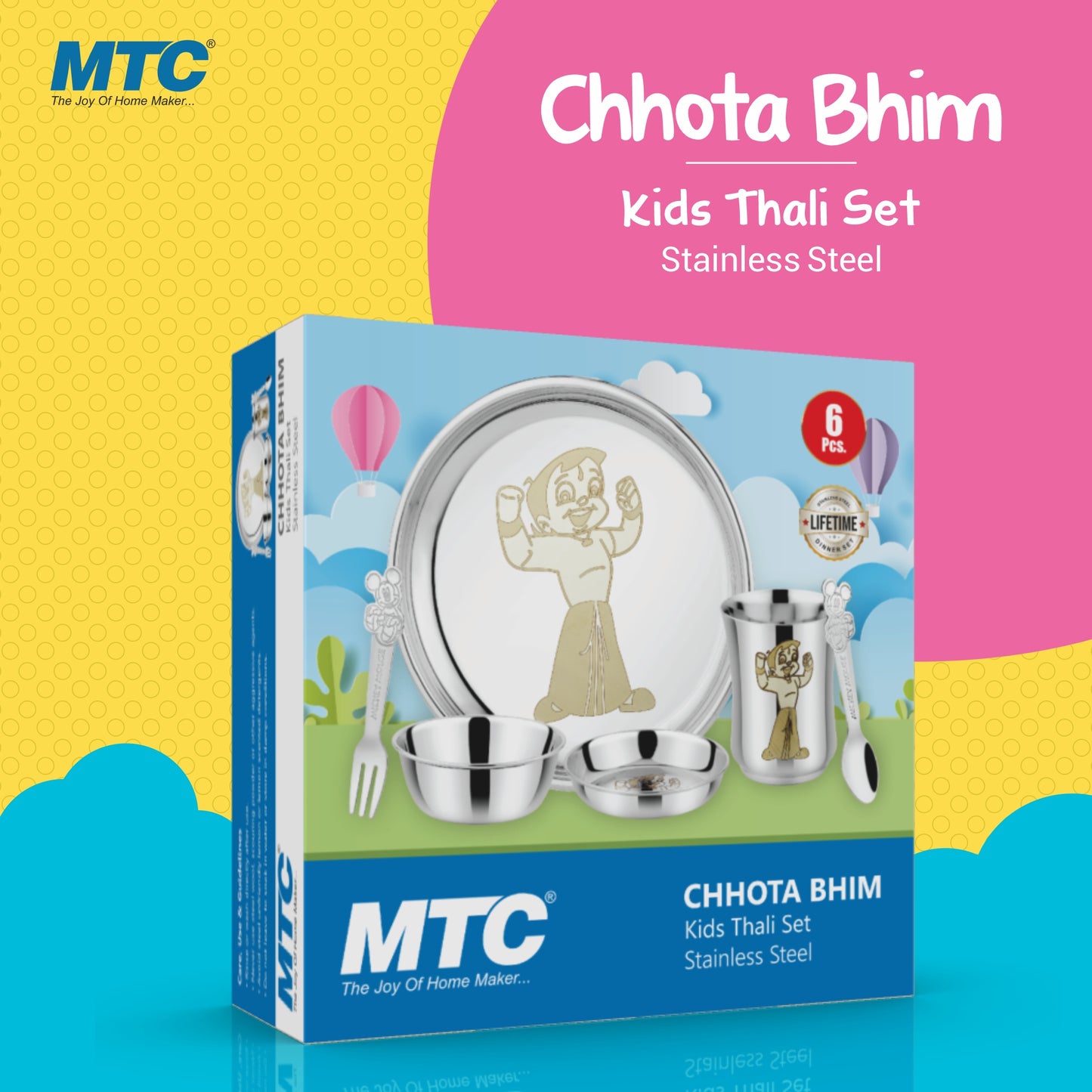 Stainless Steel Round Lunch & Dinner Set for Kids Boys and Girls, Thali Set, Pack of 6 (Silver)