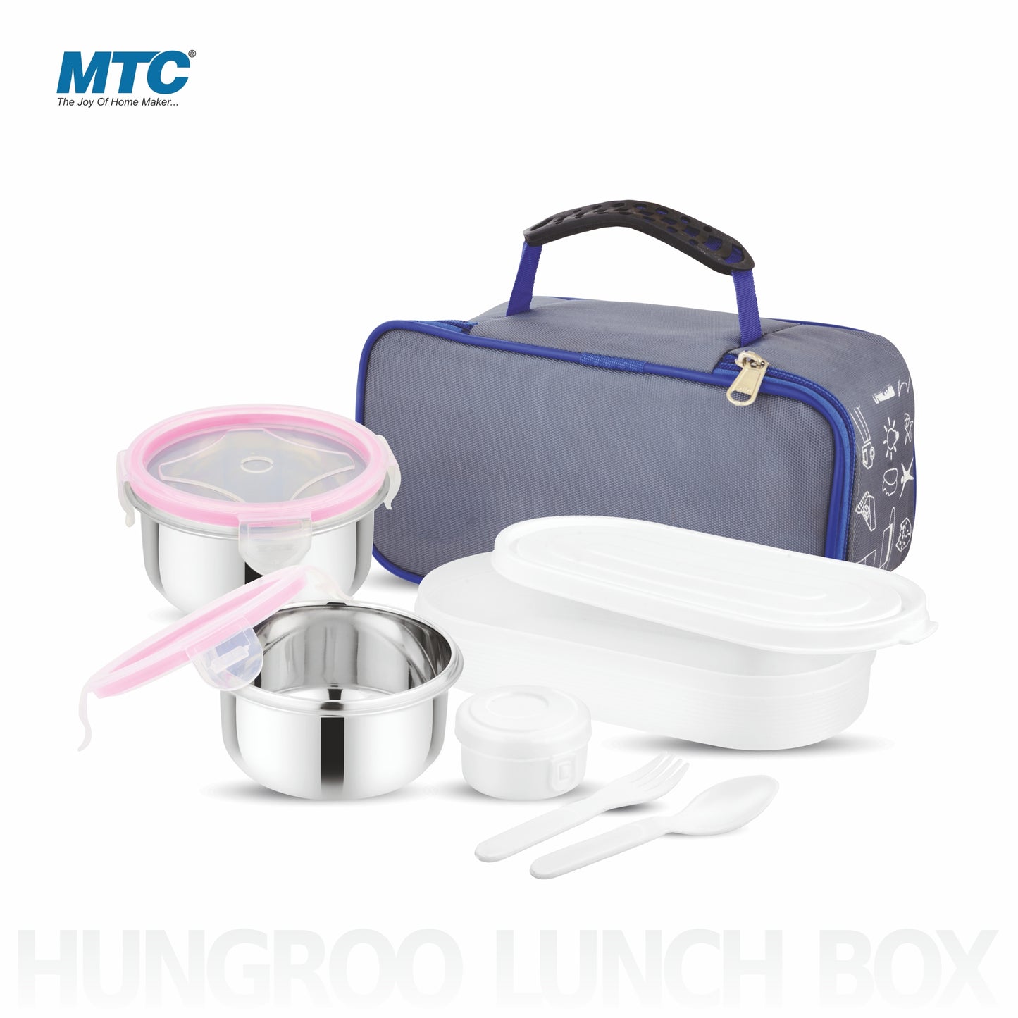 Hungroo Premium Lunch Box 2 Round Containers 250 ml Each, 1 Oval Plastic Container 450 ml with Insulated Bag | Inner Steel Containers with Bpa Free Lids, Easy to Carry | Leak Proof | Blue