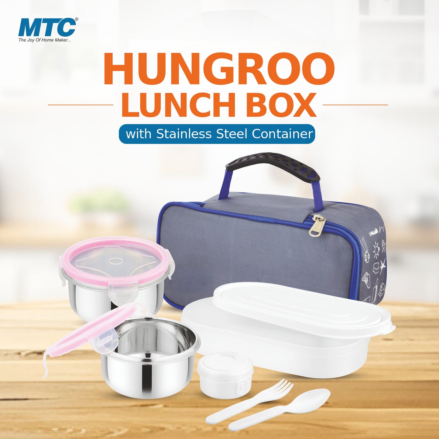 Hungroo Premium Lunch Box 2 Round Containers 250 ml Each, 1 Oval Plastic Container 450 ml with Insulated Bag | Inner Steel Containers with Bpa Free Lids, Easy to Carry | Leak Proof | Blue