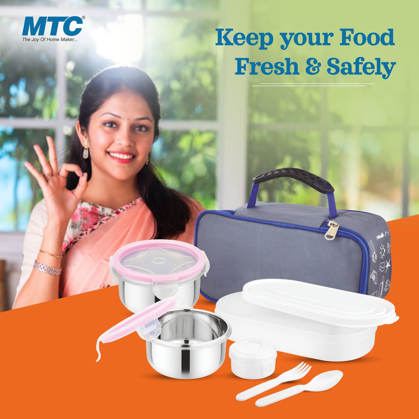 Hungroo Premium Lunch Box 2 Round Containers 250 ml Each, 1 Oval Plastic Container 450 ml with Insulated Bag | Inner Steel Containers with Bpa Free Lids, Easy to Carry | Leak Proof | Blue