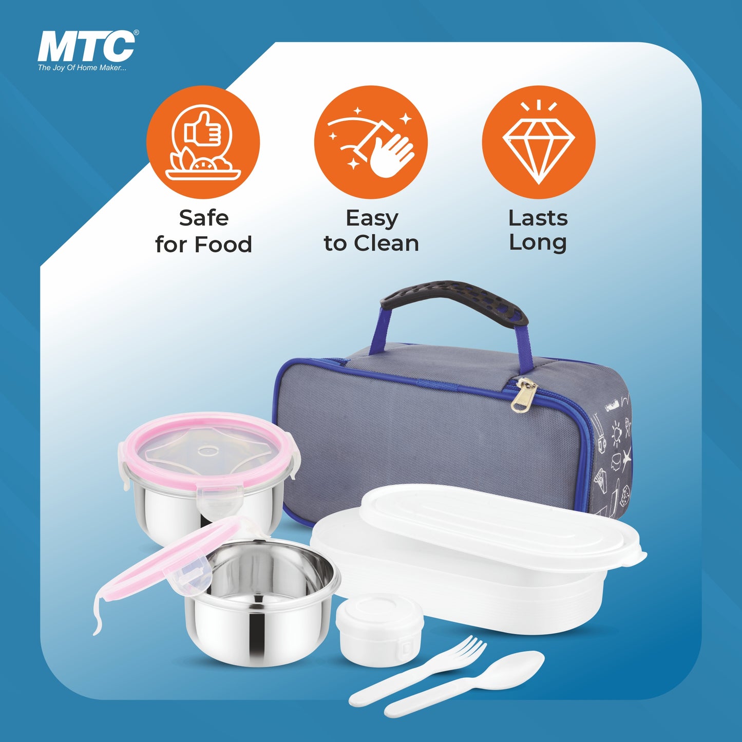 Hungroo Premium Lunch Box 2 Round Containers 250 ml Each, 1 Oval Plastic Container 450 ml with Insulated Bag | Inner Steel Containers with Bpa Free Lids, Easy to Carry | Leak Proof | Blue