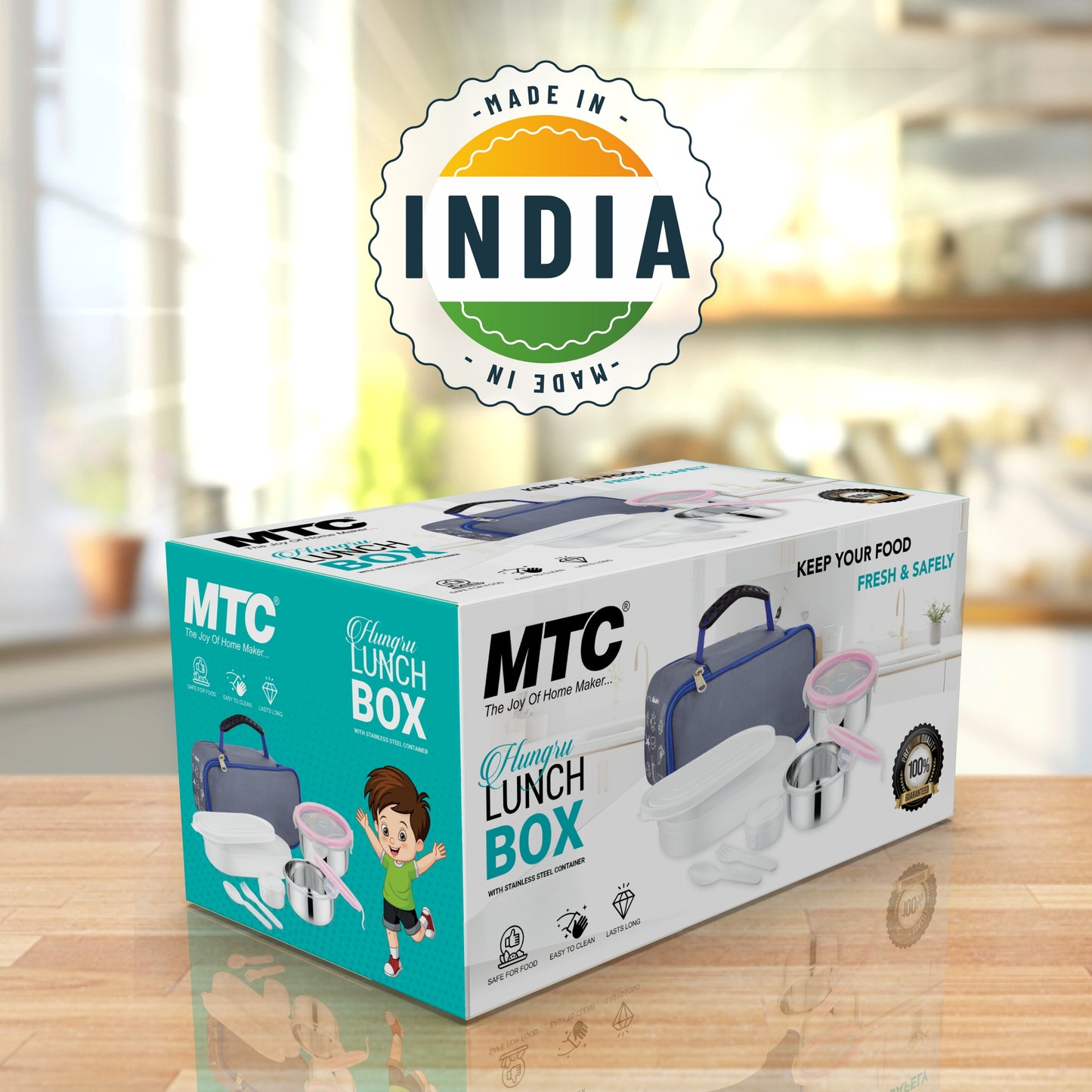 Hungroo Premium Lunch Box 2 Round Containers 250 ml Each, 1 Oval Plastic Container 450 ml with Insulated Bag | Inner Steel Containers with Bpa Free Lids, Easy to Carry | Leak Proof | Blue