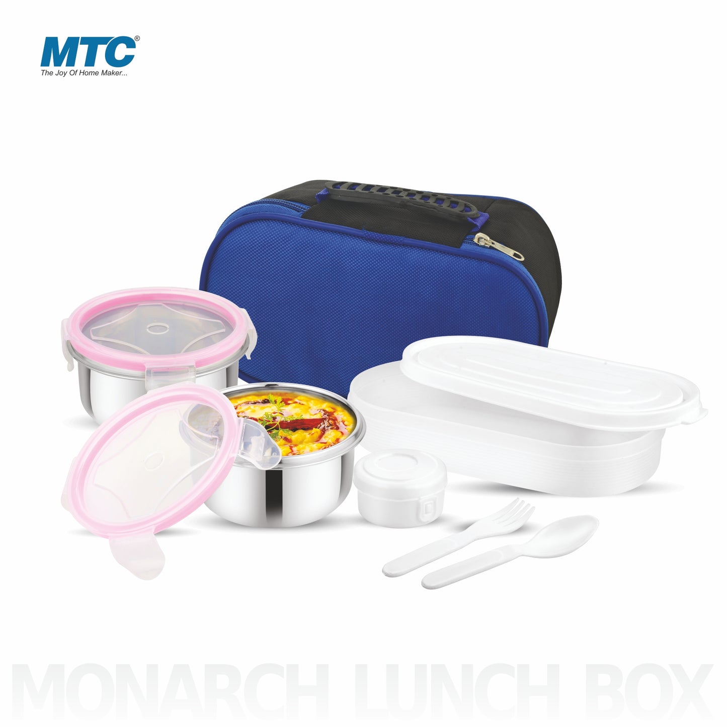 Monarch Premium Lunch Box 2 Round Containers 250 ml Each, 1 Oval Plastic Container 450 ml with Insulated Bag | Inner Steel Containers with Bpa Free Lids, Easy to Carry | Leak Proof | Blue