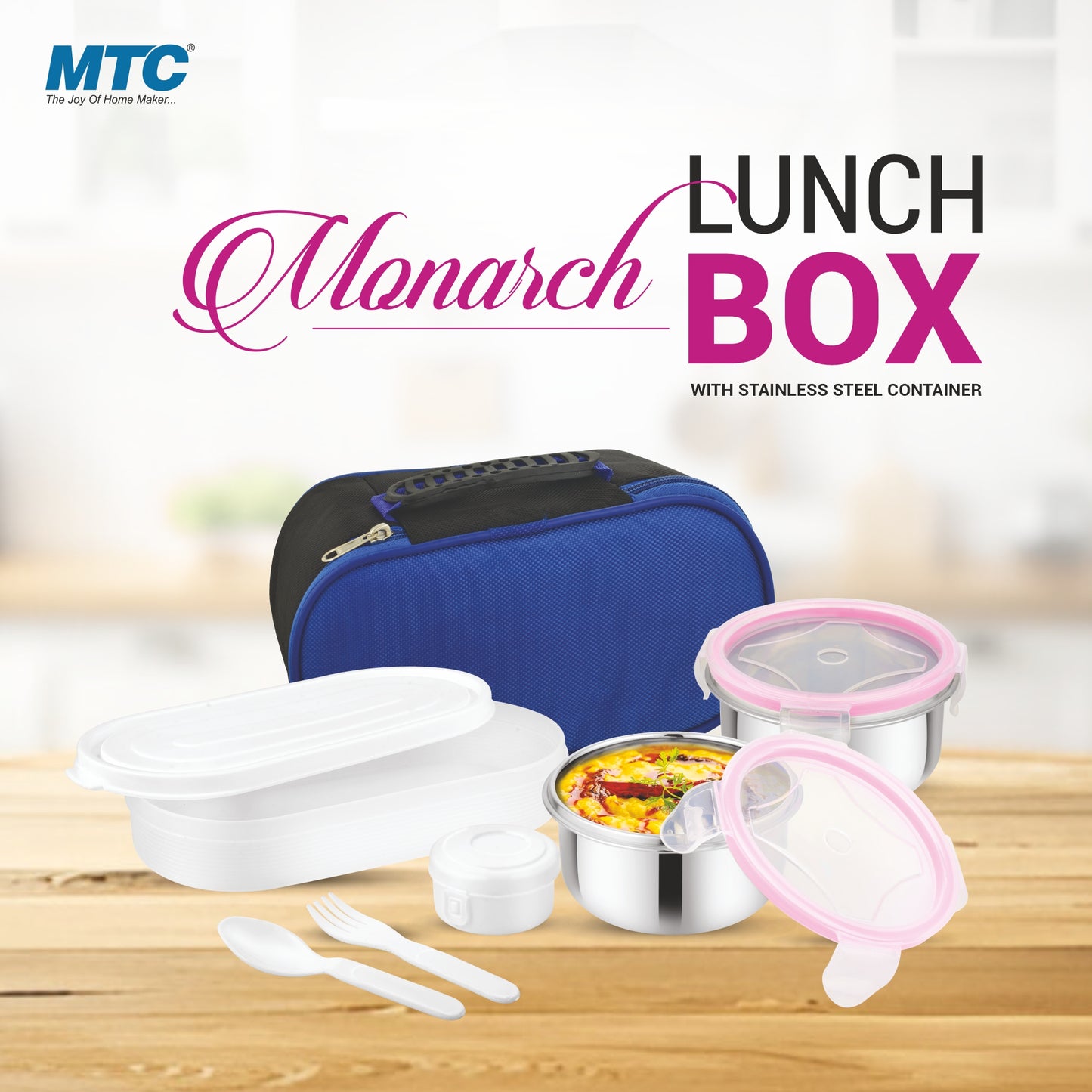 Monarch Premium Lunch Box 2 Round Containers 250 ml Each, 1 Oval Plastic Container 450 ml with Insulated Bag | Inner Steel Containers with Bpa Free Lids, Easy to Carry | Leak Proof | Blue