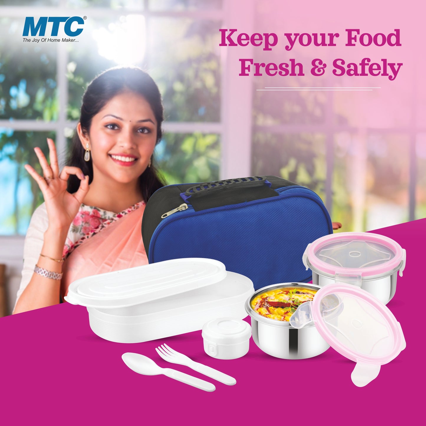 Monarch Premium Lunch Box 2 Round Containers 250 ml Each, 1 Oval Plastic Container 450 ml with Insulated Bag | Inner Steel Containers with Bpa Free Lids, Easy to Carry | Leak Proof | Blue