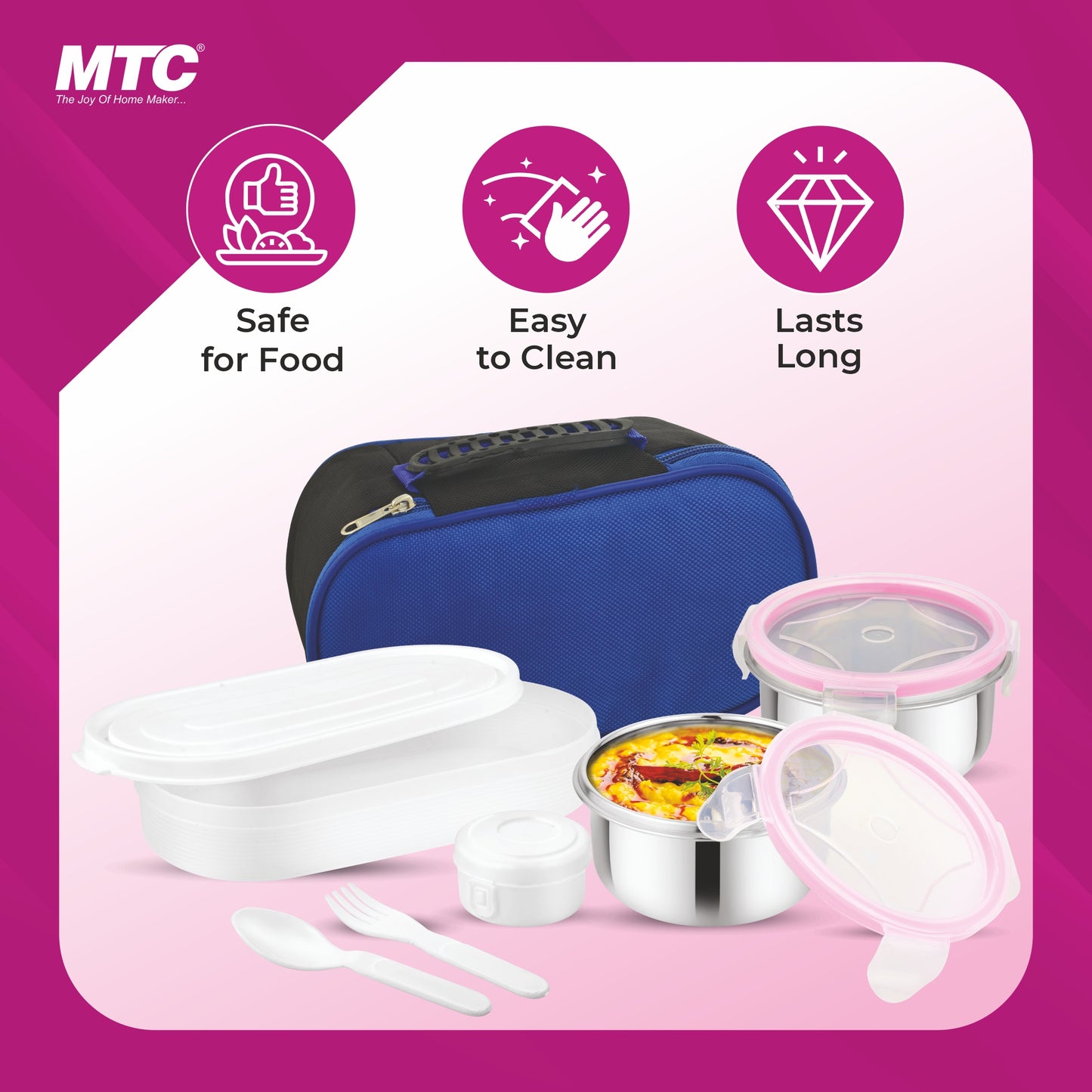 Monarch Premium Lunch Box 2 Round Containers 250 ml Each, 1 Oval Plastic Container 450 ml with Insulated Bag | Inner Steel Containers with Bpa Free Lids, Easy to Carry | Leak Proof | Blue