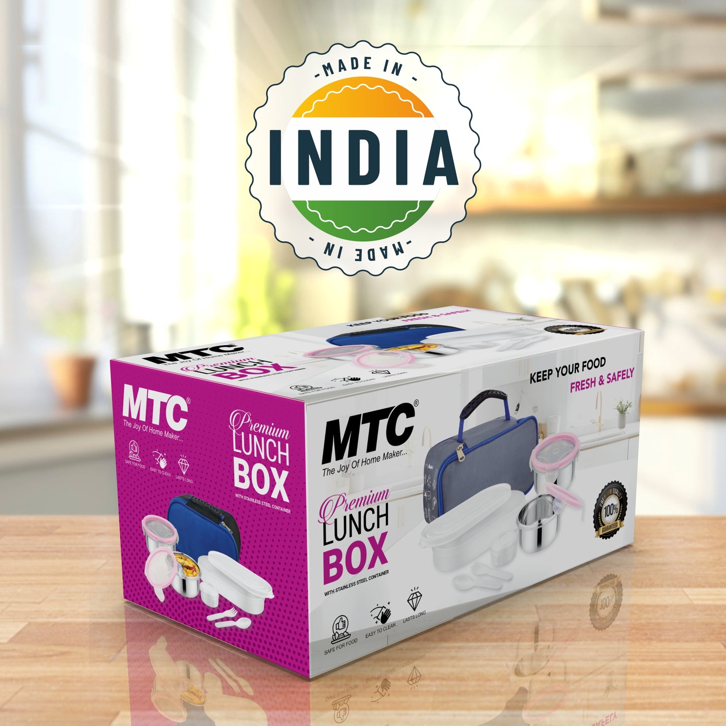 Monarch Premium Lunch Box 2 Round Containers 250 ml Each, 1 Oval Plastic Container 450 ml with Insulated Bag | Inner Steel Containers with Bpa Free Lids, Easy to Carry | Leak Proof | Blue