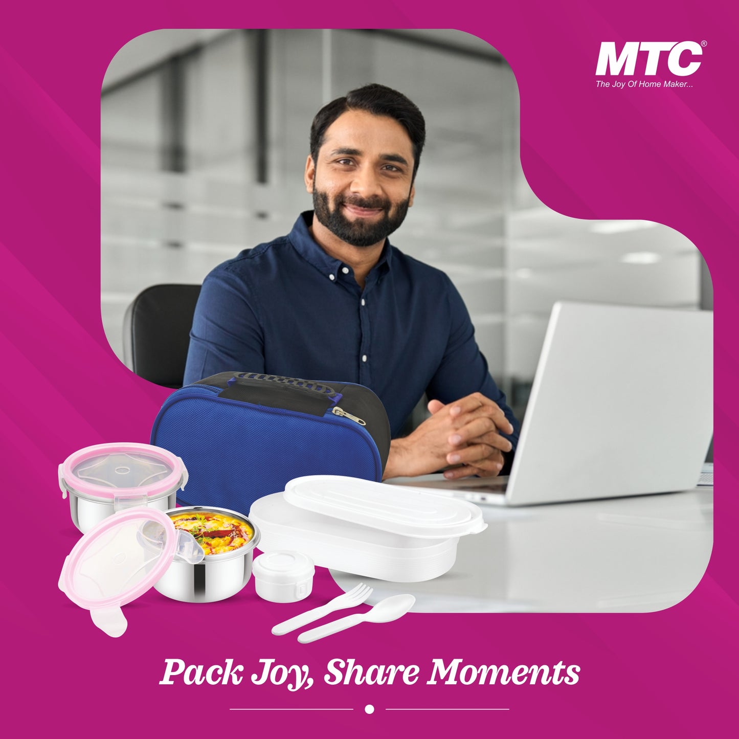 Monarch Premium Lunch Box 2 Round Containers 250 ml Each, 1 Oval Plastic Container 450 ml with Insulated Bag | Inner Steel Containers with Bpa Free Lids, Easy to Carry | Leak Proof | Blue