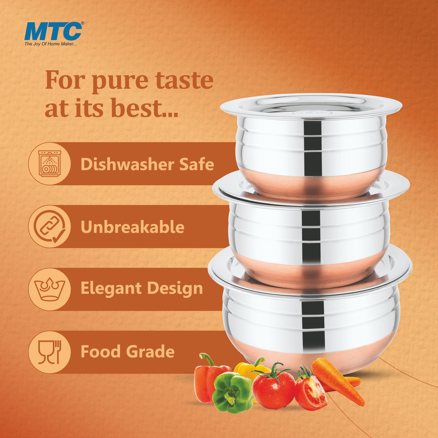 Stainless Steel Gujarati Handi Set with Copper Bottom - 3-Piece