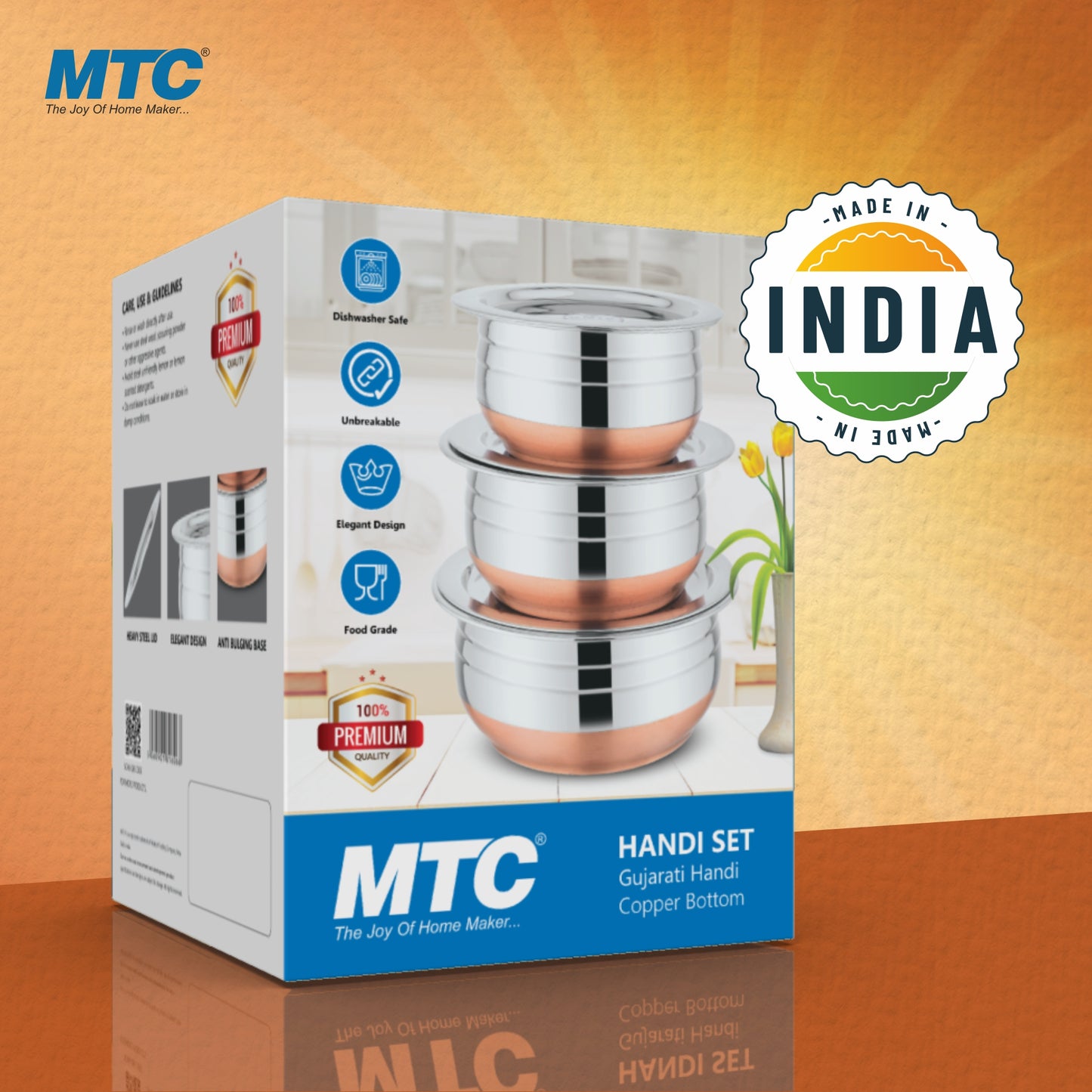 Stainless Steel Gujarati Handi Set with Copper Bottom - 3-Piece