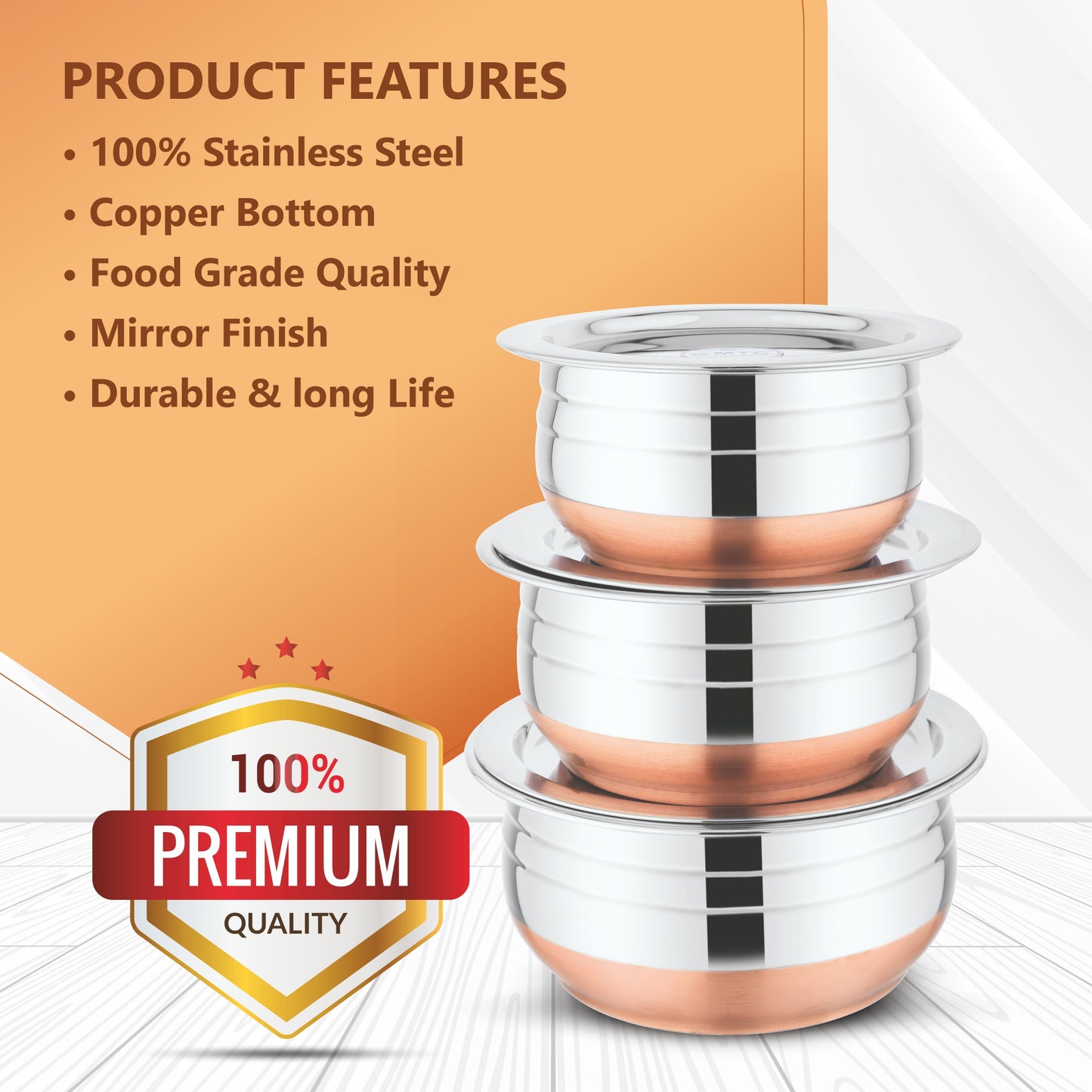 Stainless Steel Gujarati Handi Set with Copper Bottom - 3-Piece