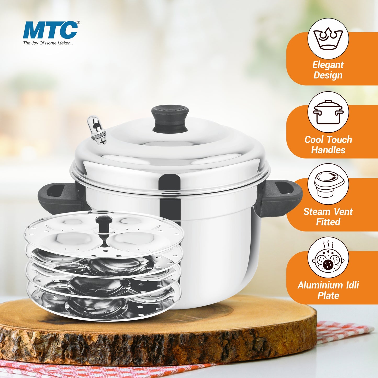 MTC Stainless Steel Idly Maker 4 Plates Compatible with Induction and Gas Stove