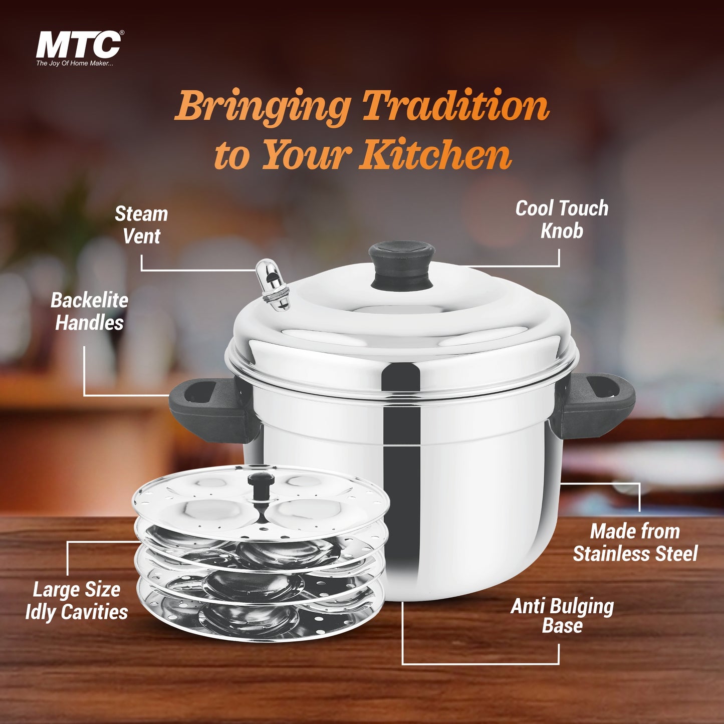 MTC Stainless Steel Idly Maker 4 Plates Compatible with Induction and Gas Stove