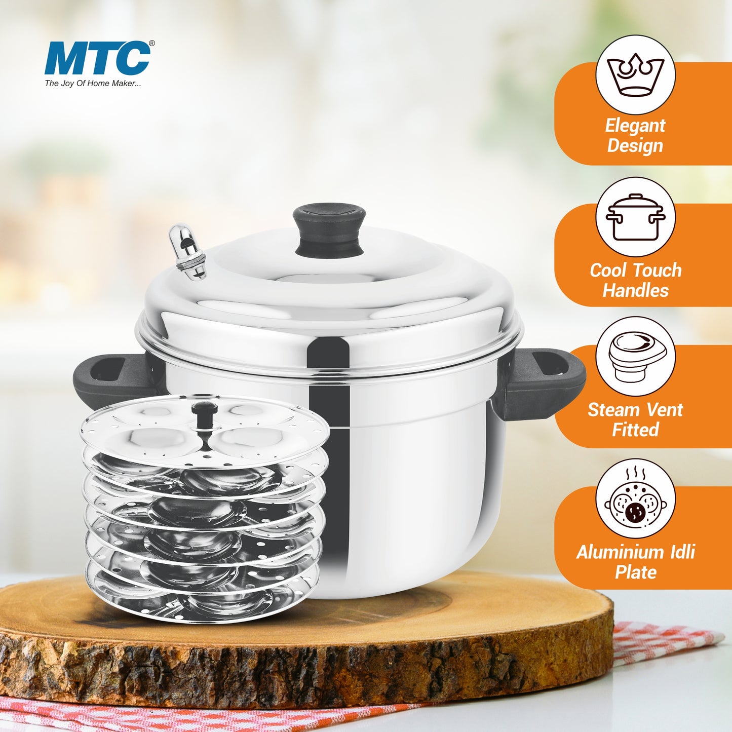 MTC Stainless Steel Idly Maker 6 Plates Compatible with Induction and Gas Stove