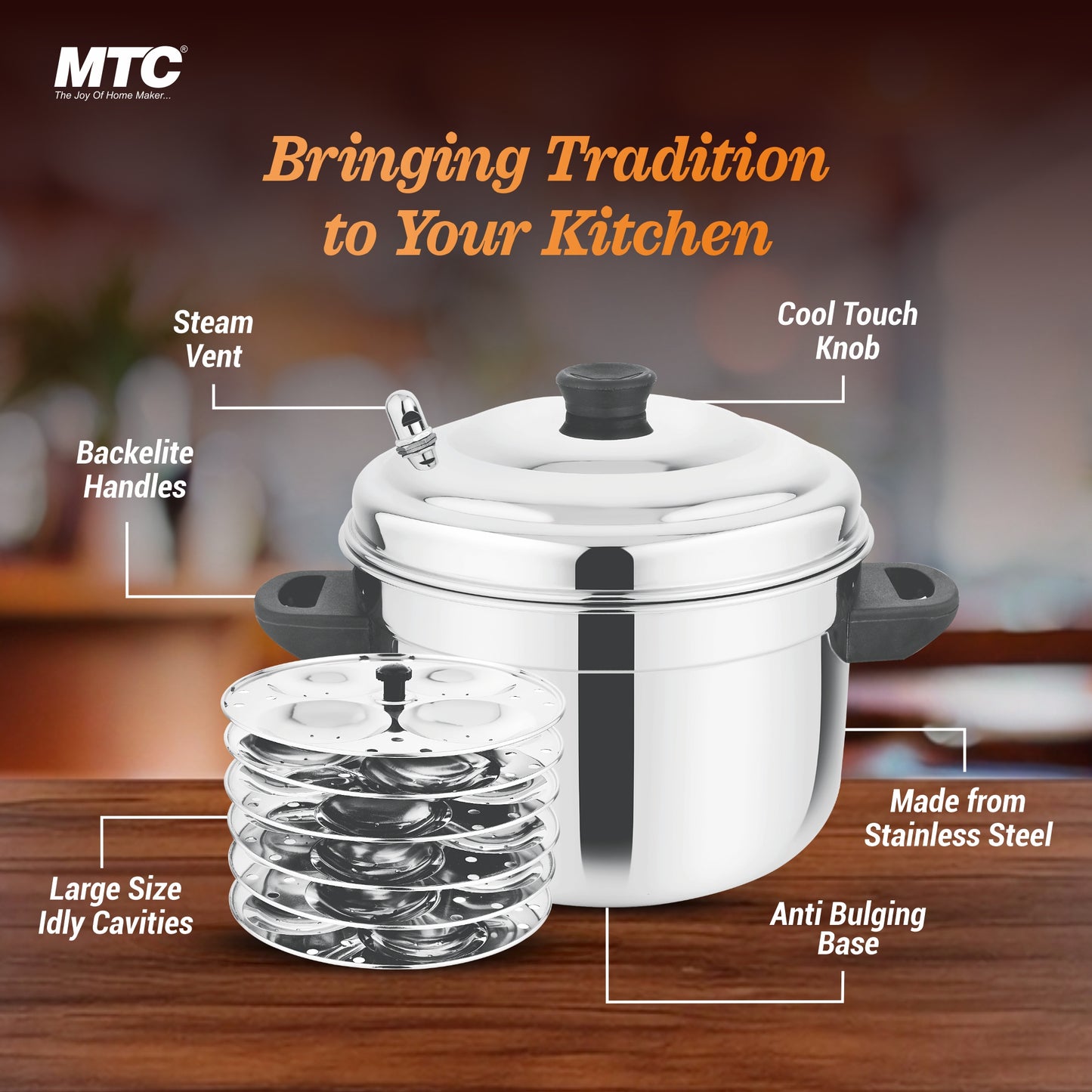 MTC Stainless Steel Idly Maker 6 Plates Compatible with Induction and Gas Stove